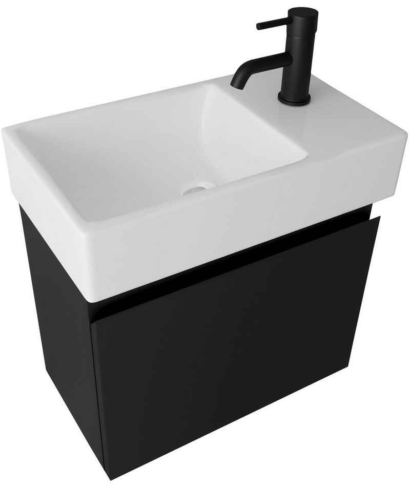 Alpenberger Badmöbel-Set - Waschbecken mit Unterschrank - Badschrank Komplett Vormontiert, (2-tlg., Vormontierter Hängeschrank mit Aufsatzwaschbecken), Waschtischunterschrank Schwarz mit Softclose