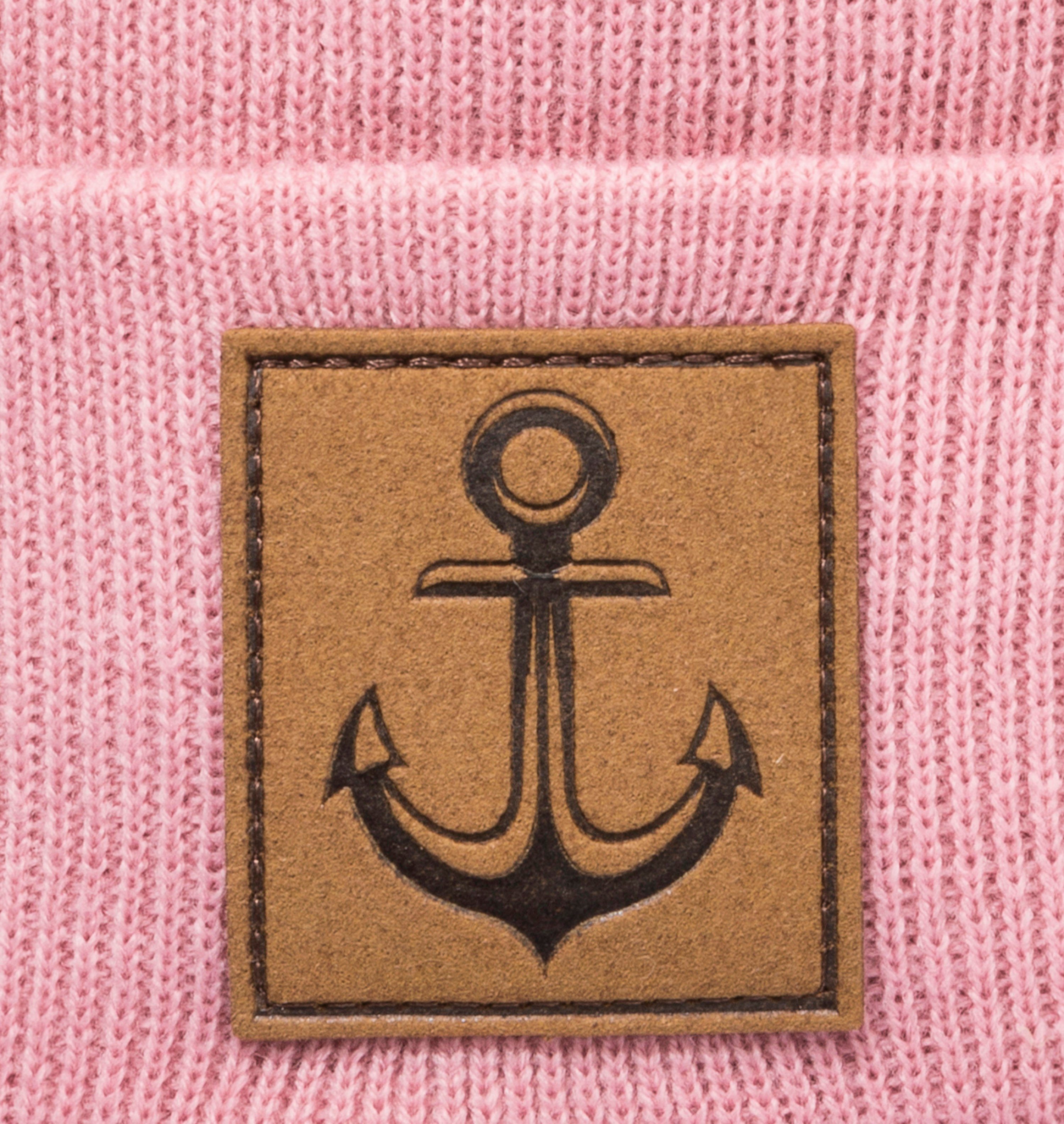 Baddery Beanie Strickmütze: "Anker" mit Leder Patch - Wollmütze Winter-Mütze Beanie, hochwertiger doppellagiger Strick, Leder-Patch, One Size