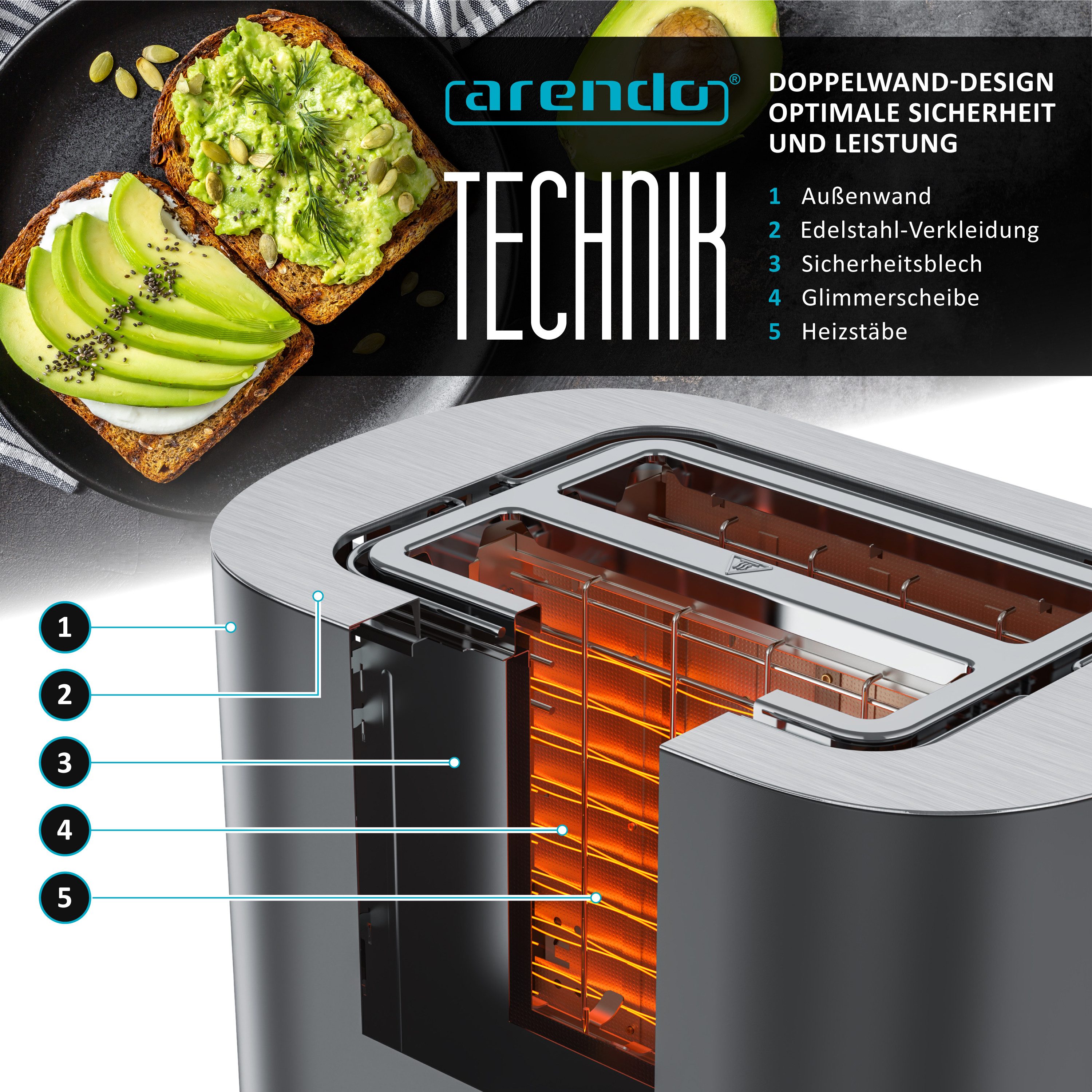 Arendo Toaster 2-Scheiben Kurzschlitz Edelstahl, Touch, Restzeit Bräunungsgradanzeige, 2 Schlitze, für 2 Scheiben, 800 W, Brötchenaufsatz, Wärmeisoliert, Toast- – Bild 5 von 5