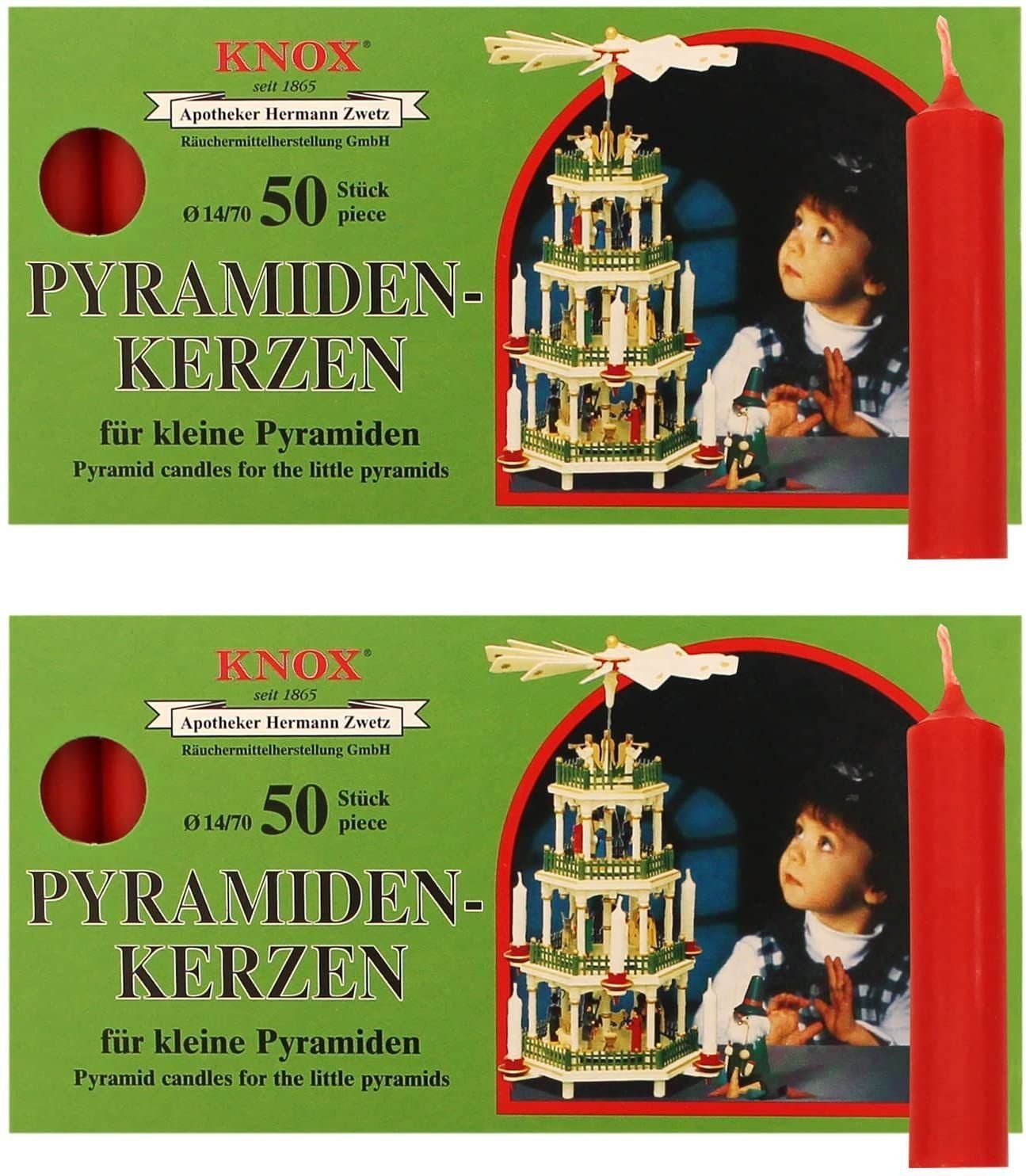 KNOX Adventskerze 2 Päckchen - Pyramidenkerzen Ø 14 mm Länge 74 mm - ROT - 50er Packung