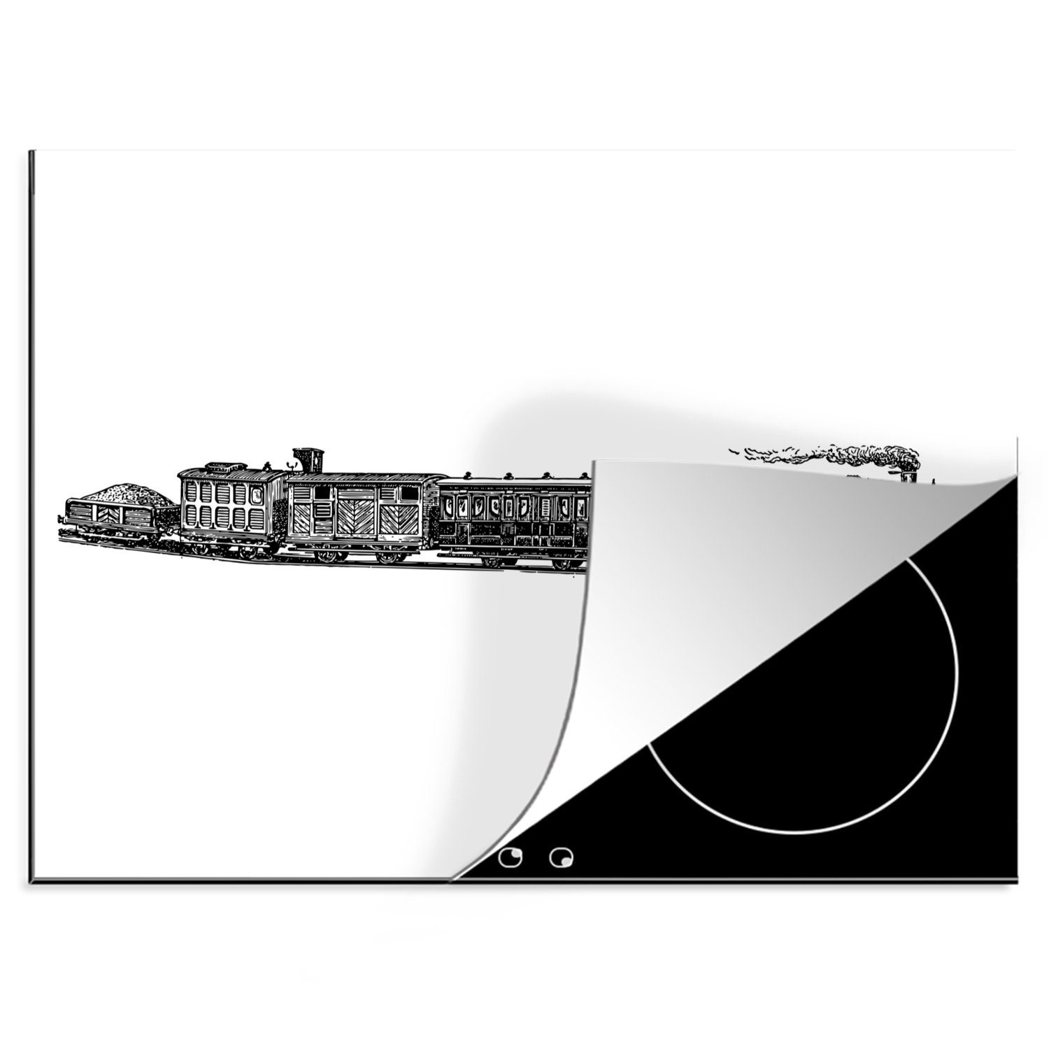 MuchoWow Herdblende-/Abdeckplatte Alter Güterzug in schwarz-weiß, Vinyl, (1 tlg), 70x52 cm, Mobile Arbeitsfläche nutzbar, Ceranfeldabdeckung