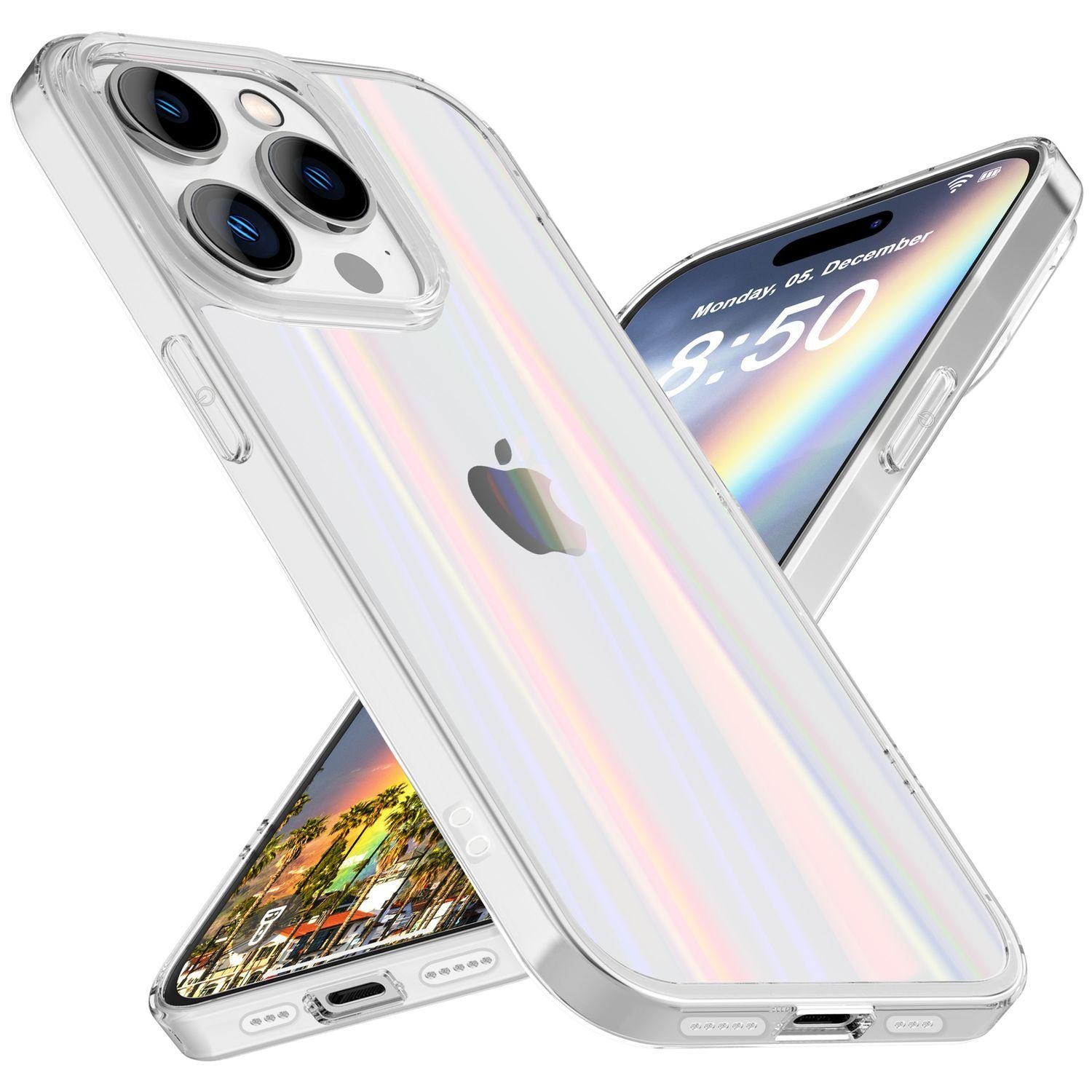 Nalia Smartphone-Hülle Apple iPhone 15 Pro Max 17 cm (6,7 Zoll), Klare Hartglas Hülle / Regenbogen Effekt / Bunt Glänzend / Kratzfest