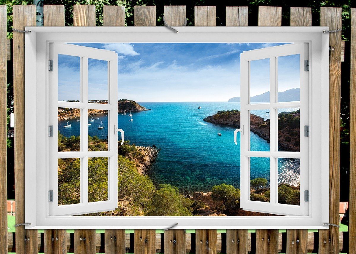 Thumbnail - Wallario Sichtschutzzaunmatten Ibiza - Blick von einer Bucht aufs Meer, mit Fenster-Illusion