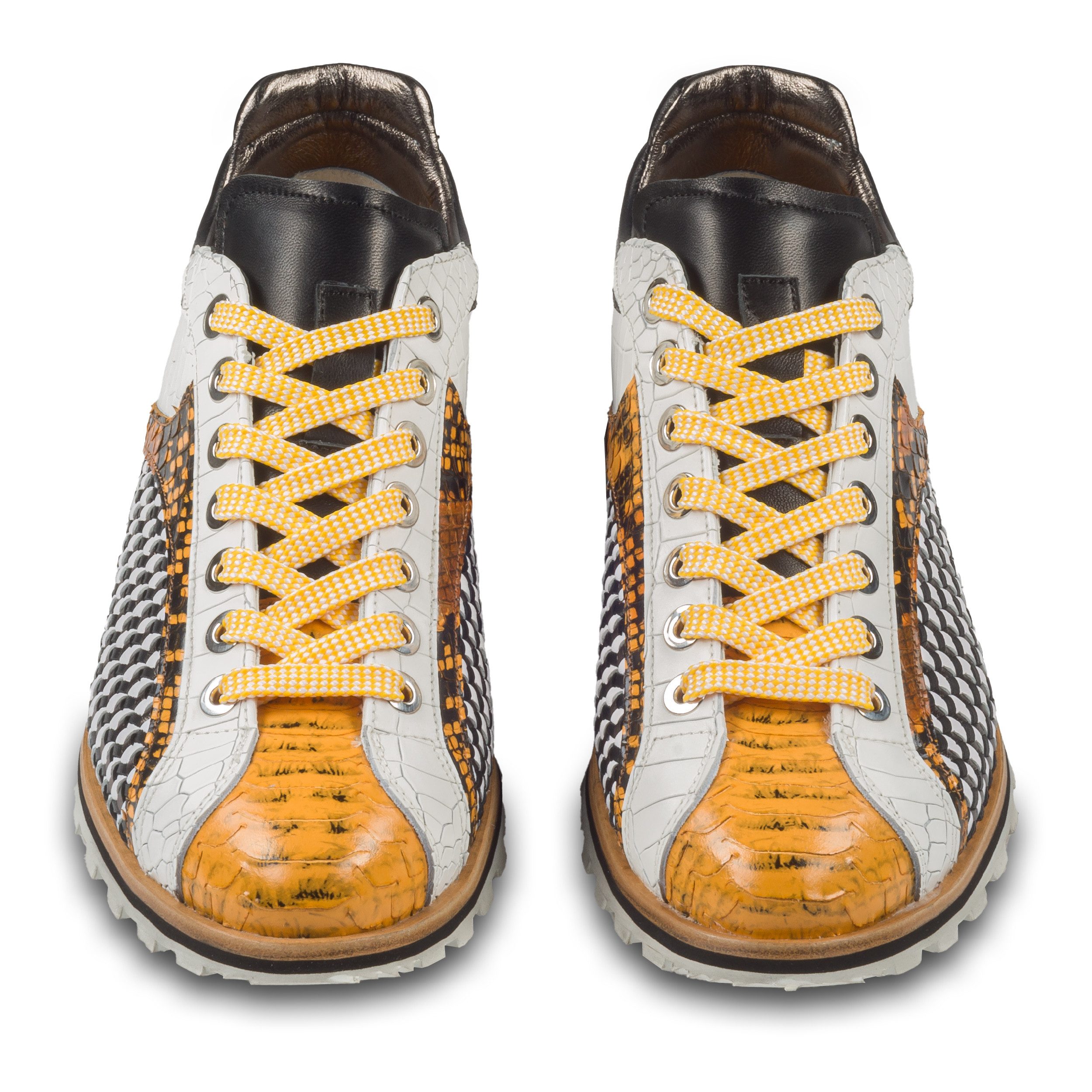 Lorenzi Lorenzi Herren Sneaker gelb/schwarz/weiß, Leder geprägt & geflochten Sneaker Handgefertigt in Italien