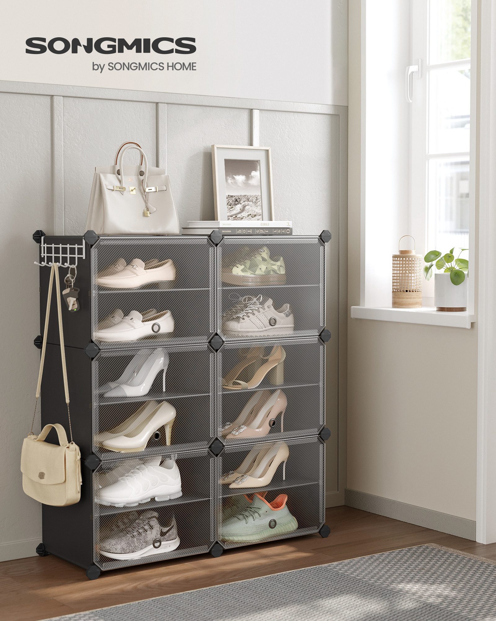 SONGMICS Schuhregal Schuhschrank, 30 x 40 x 30 cm pro Fach, für Flur, Eingangsbereich, mit 6 Fächern, mit Türen, für bis zu 24 Paar Schuhe, anpassbar