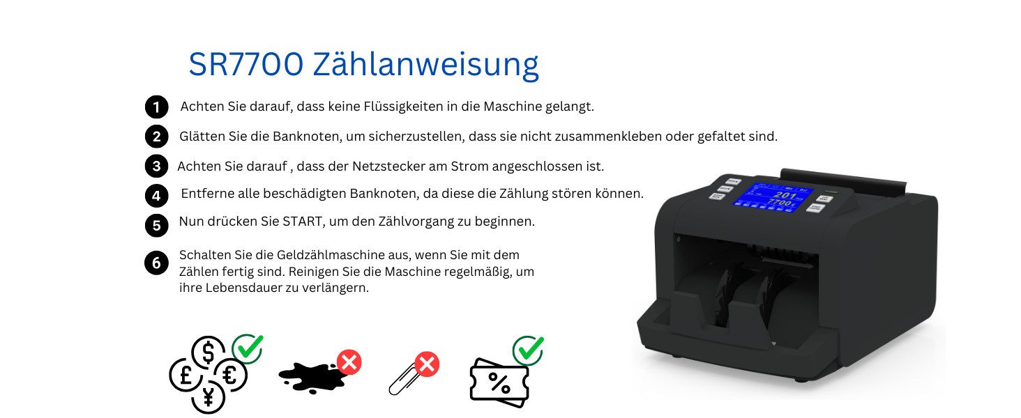 Securina24 Banknotenzähler Geldzählmaschine Geldzähler für gemischte Geldscheine SR7700 – Bild 5 von 5