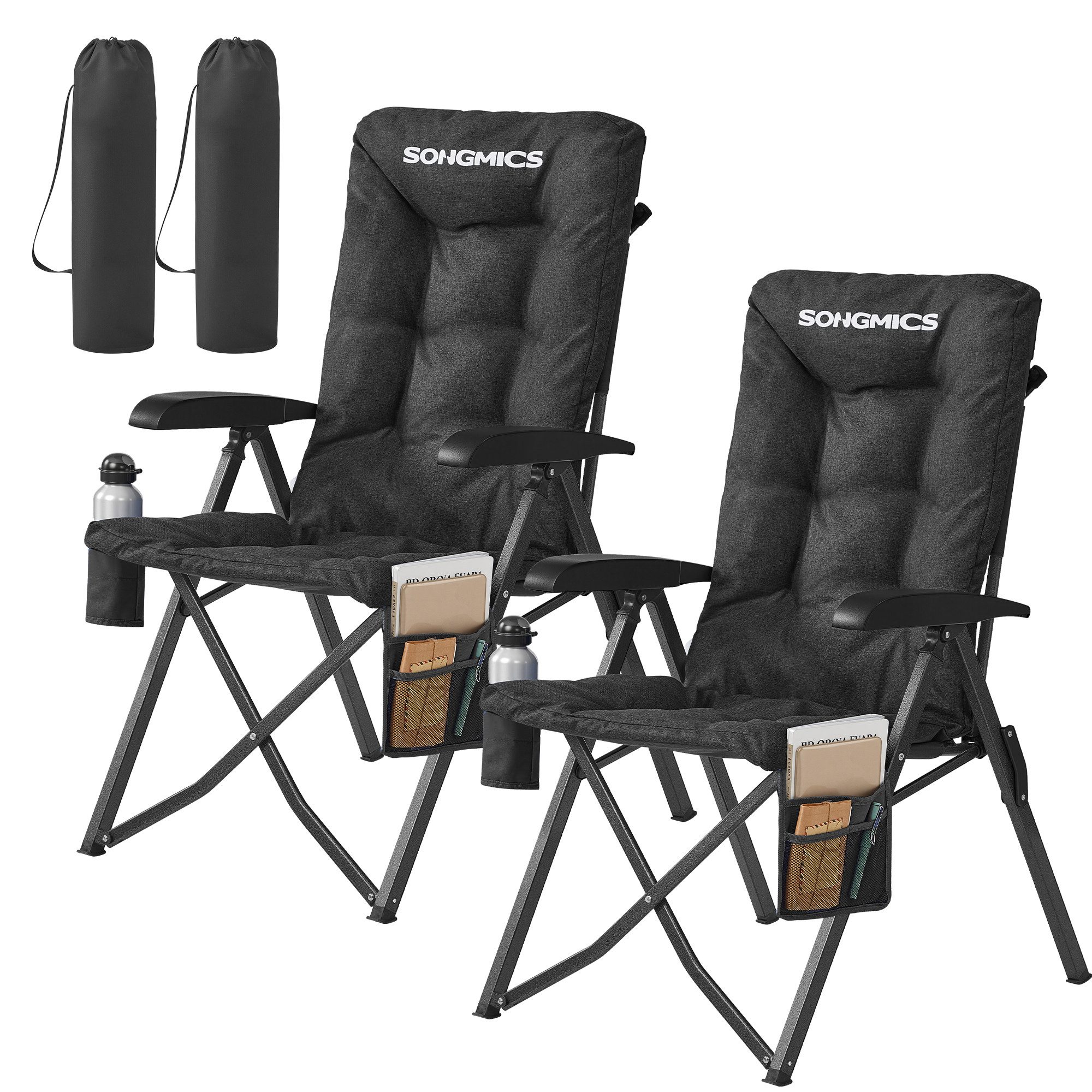 SONGMICS Campingstuhl 90°-150° verstellbare Rückenlehne, mit Polsterung/Tragetasche, 70 x 59,5 x 110 cm, belastbar bis 150 kg