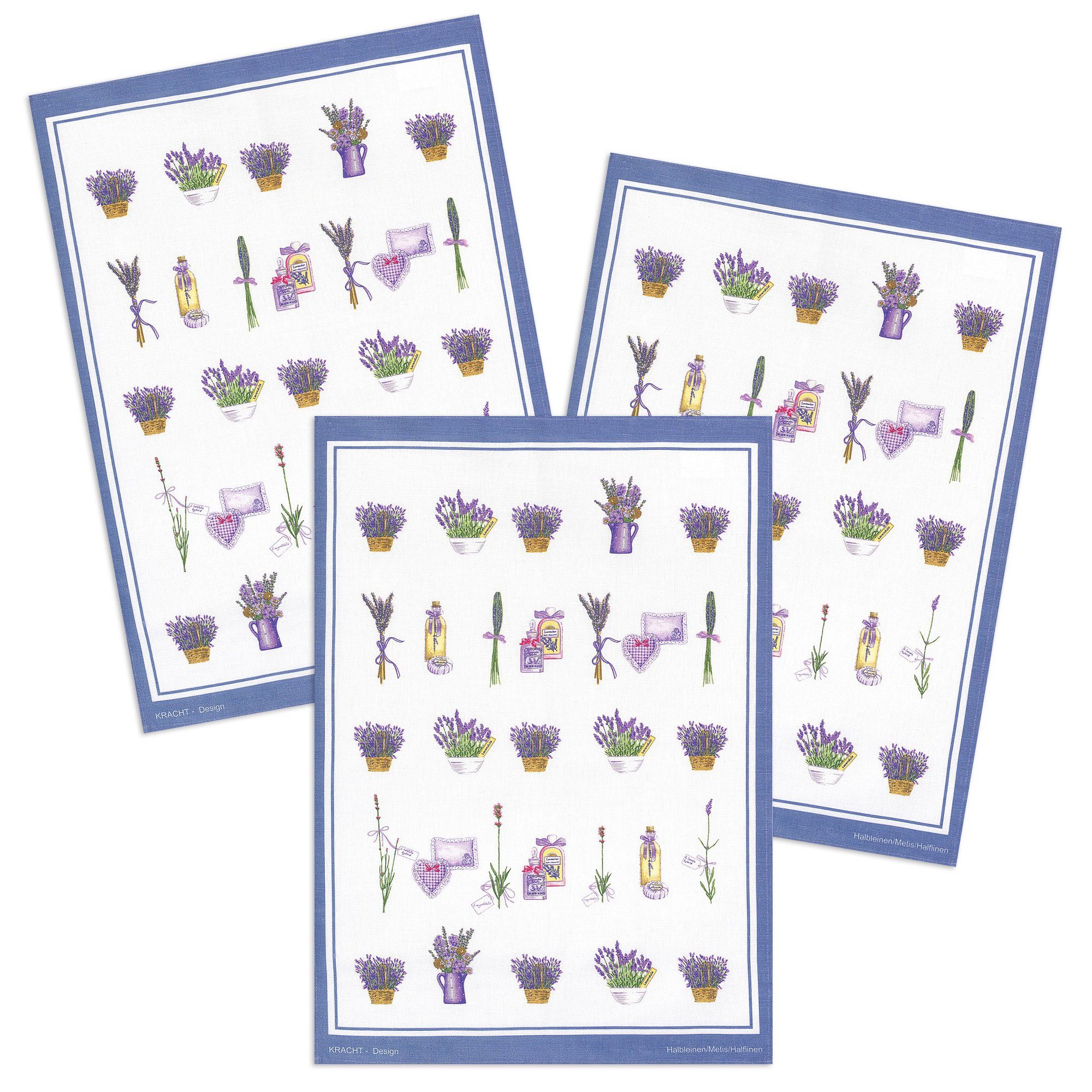 Kracht Geschirrtuch Lavendelkörbchen, (Set, 3-tlg., Set), 3er Pack Geschirrtücher (3 Stück), ca. 50 x 70 cm, Halbleinen bedruckt