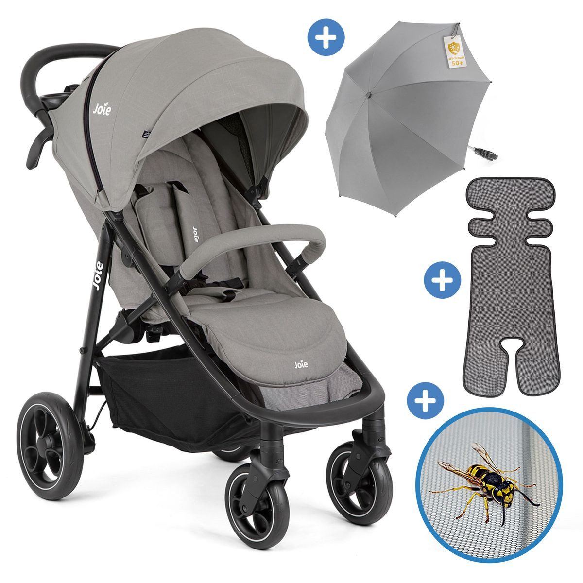 Joie Sportbuggy Litetrax - Pebble, Sportwagen mit Liegefunktion, Sitzauflage & Sonnenschirm bis 22 kg