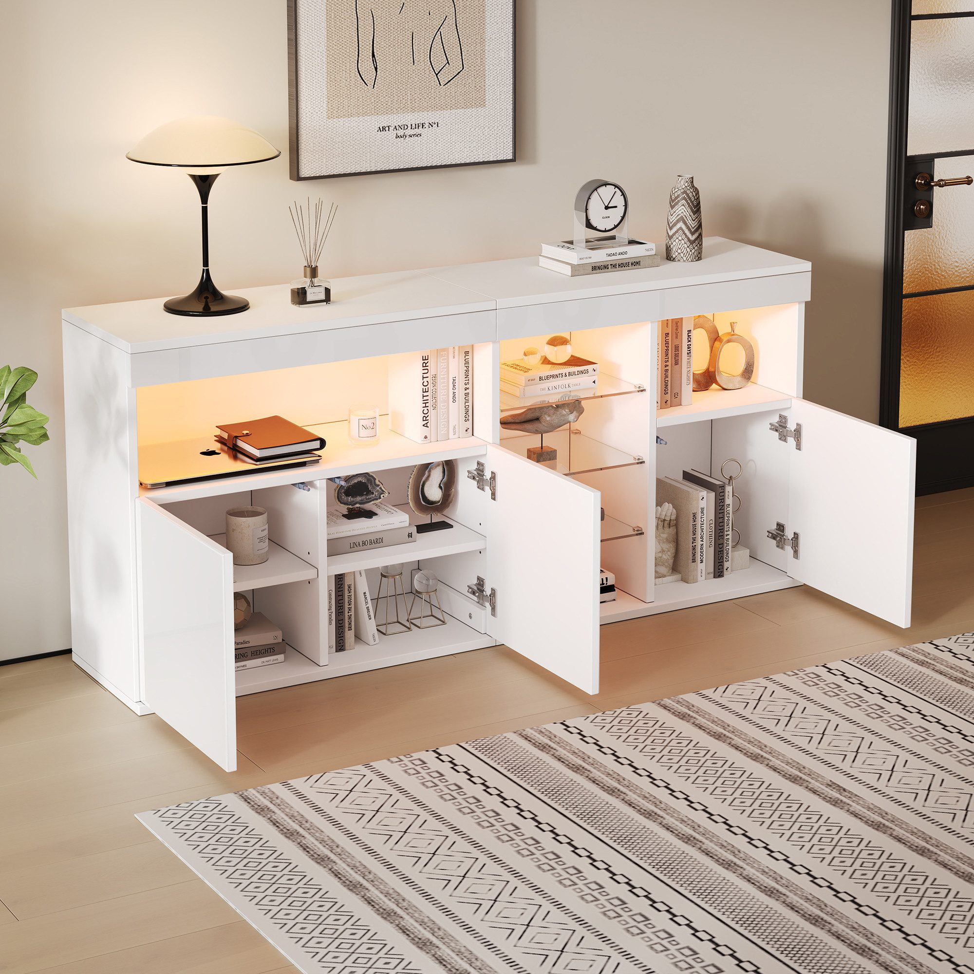 Merax Sideboard Hochglanz Anrichte mit LED-Beleuchtung inkl.APP (155,5 x 35 x 72 cm, 1 St), Kommode mit 3 Türen & Glasböden, Wohnzimmerschrank, Buffetschrank – Bild 4 von 5