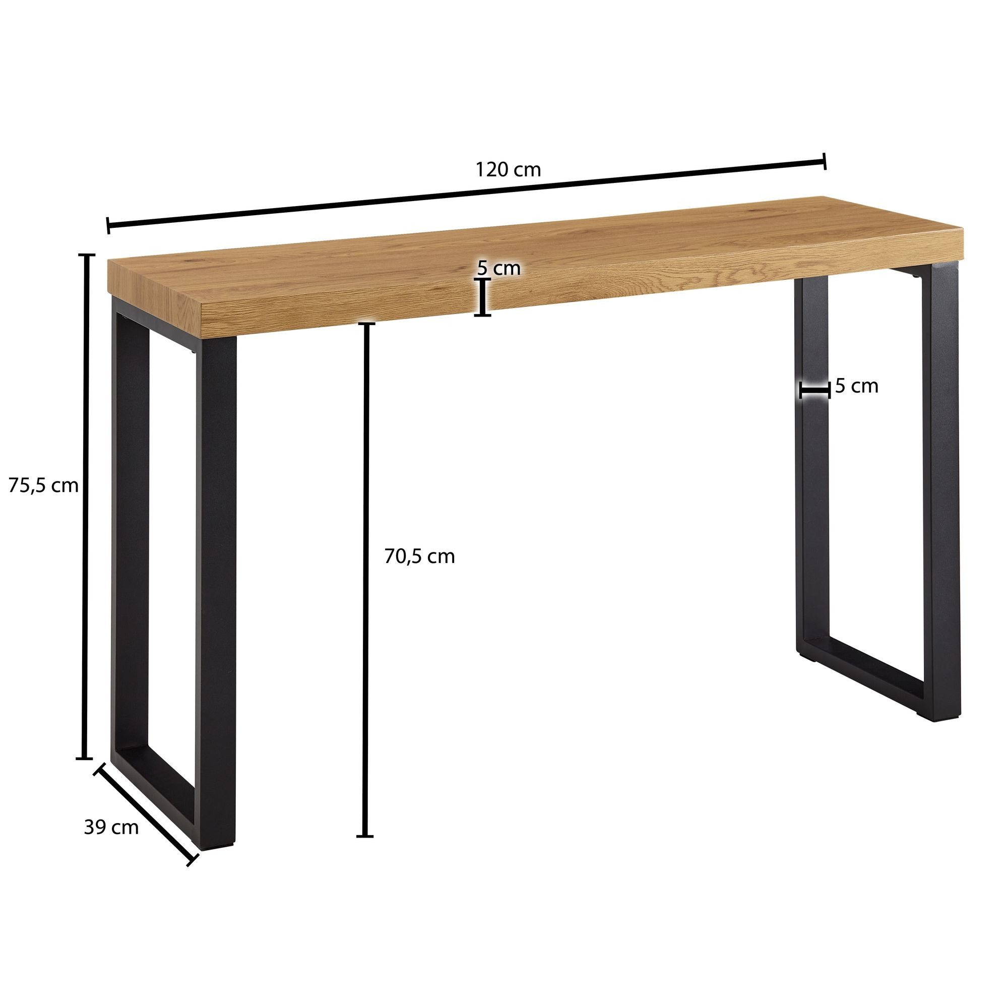 FINEBUY Konsolentisch FB77662 Anrichte 120x39x75,5 cm Ablagetisch Flurtisch Eiche (Eiche-Dekor / Schwarz 120x39x75,5, Flurtisch Klein), Ablagetisch Metallbeine, Dielentisch Home-Office