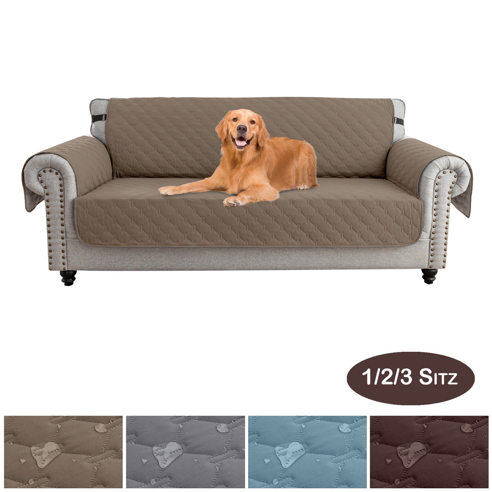 Sofaschoner Sofahusse 1/2/3 mit Farben,3 BTTO, Sesselschoner Riemen-Befestigung Rutschfeste,Wasserdicht Sesselschoner Taupe Größen, Taschen, 4 Sitzer