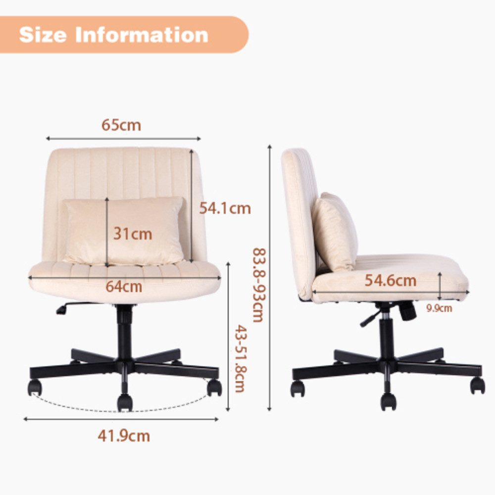MODFU Bürostuhl für Homeoffice, höhenverstellbarer Drehstuhl ohne Armlehne (Moderner Bürostuhl Leise Rollen & Polsterkissen, eleganter Stoffbezug, 1 St), 67x92x67 cm Ideal für Arbeitszimmer, Wohnzimmer & Besprechungsbereich