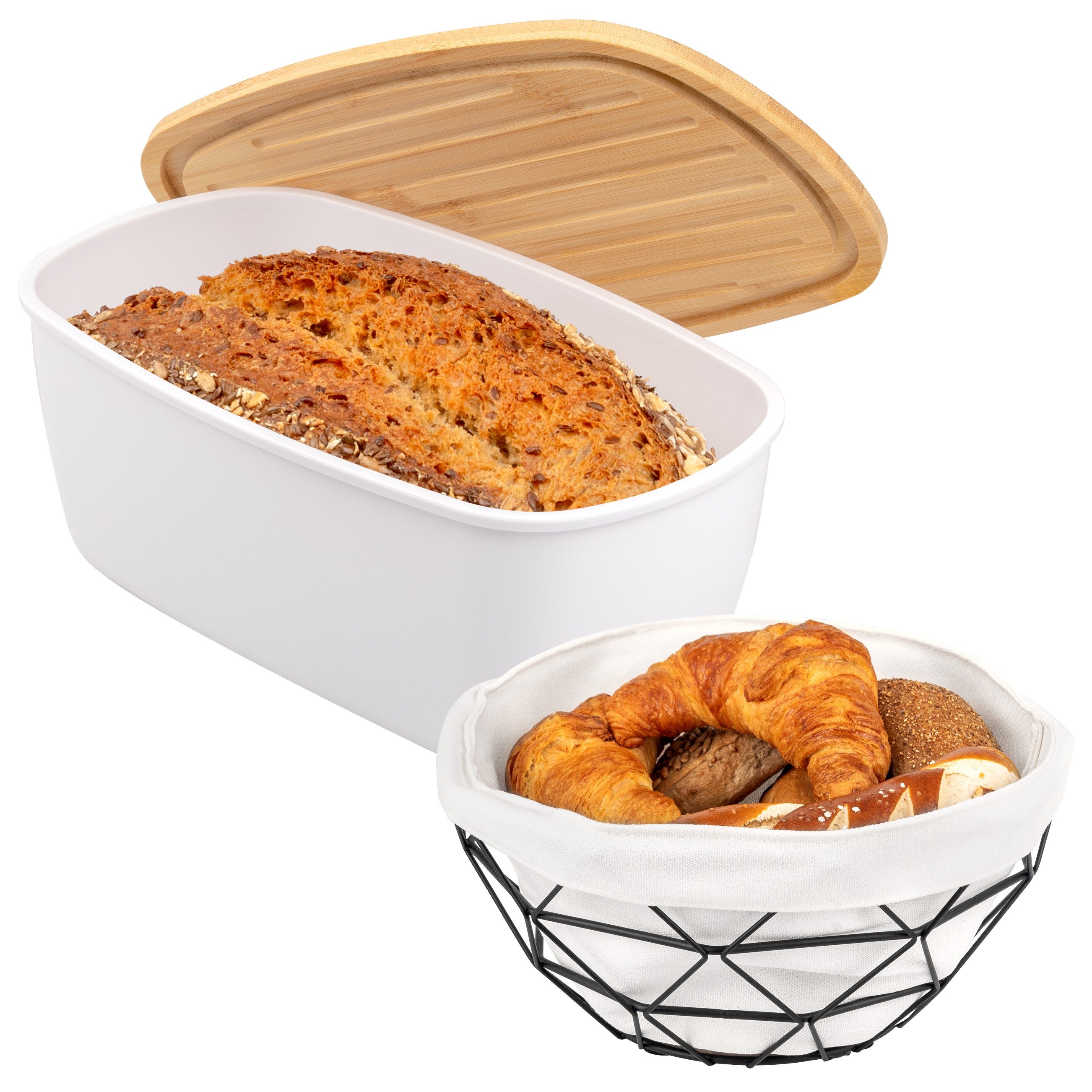 eluno Brotkasten 2tlg. Brotaufbewahrungs-Set (Kunststoff/Metall, weiß)