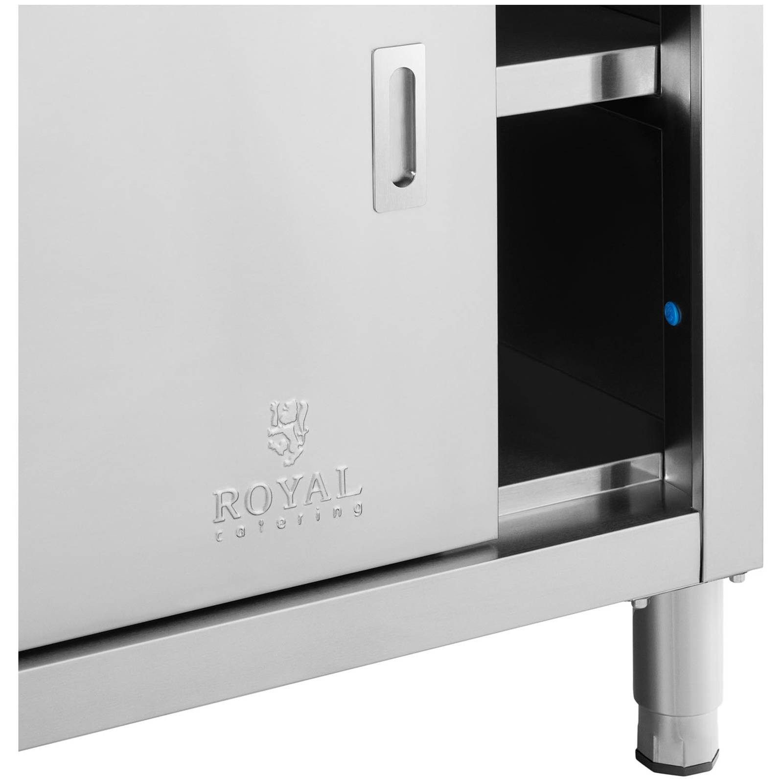 Royal Catering Arbeitstisch 150 x 70 cm Arbeitsschrank Edelstahltisch Schiebetüren Gastro, verschiedene Größen