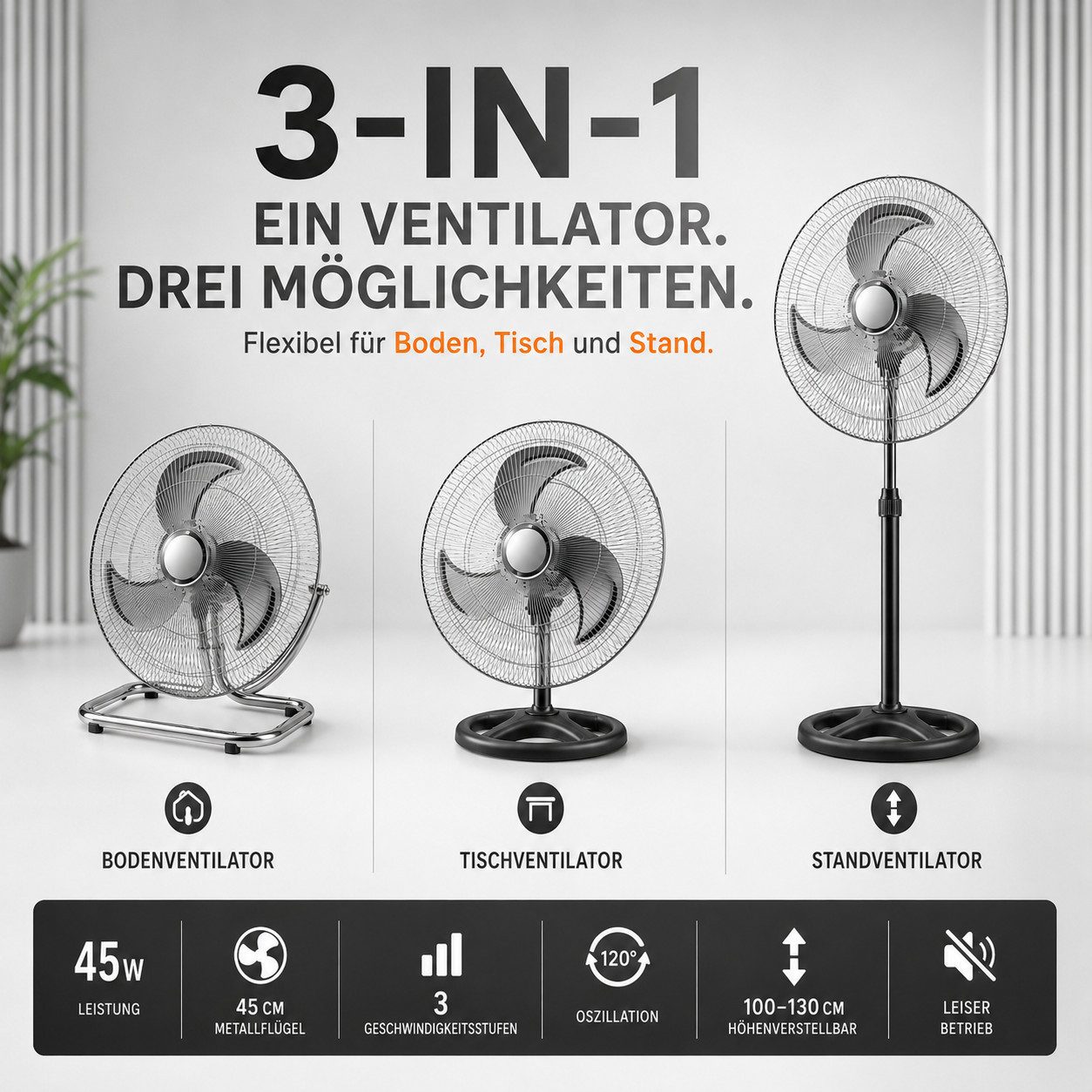 Ertex Standventilator BIG Standventilator 45W Ventilator 46 cm Höhe 130 cm, 3 in 1 STARK