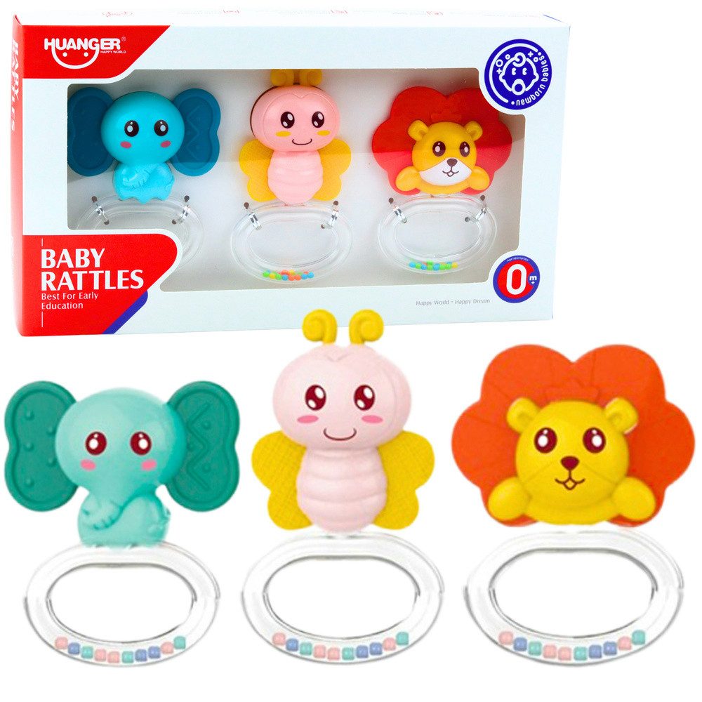 LEAN TOYS Beißring-Rassel Babyrasseln Greiflinge Zahnungshilfen, 6er-Set, Beißringfunktion, Tiermotive, Geschenkbox