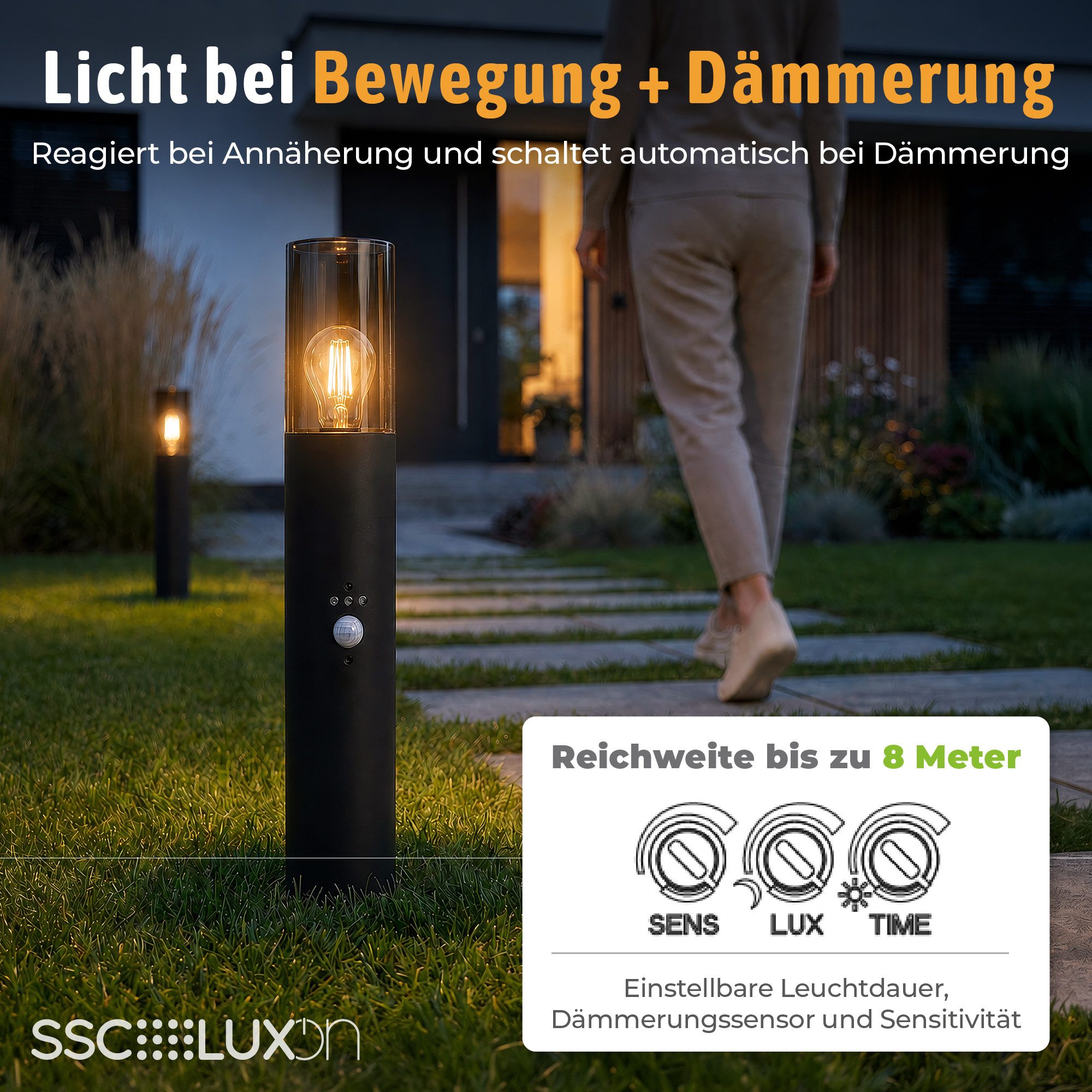 SSC-LUXon LED Gartenstrahler VARDA Wegeleuchte mit Bewegungsmelder Smart LED E27 WLAN warm kalt, Neutralweiß, Warmweiß, Tageslichtweiß