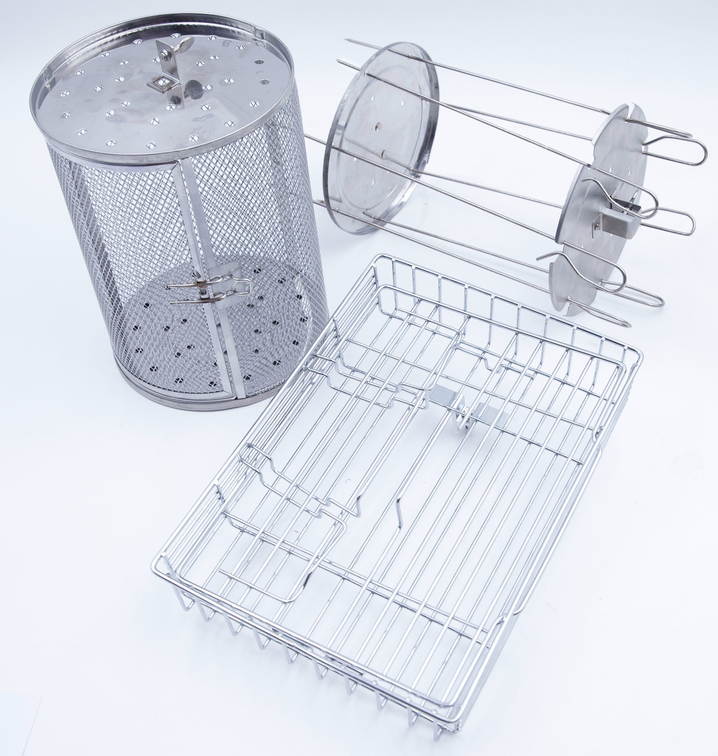 LIVINGTON Elektrogrill Rotisserie Chef Zubehör-Set, 1x Schaschlik-Set, 1x Drehkorb, 1x Fisch-Grillkorb