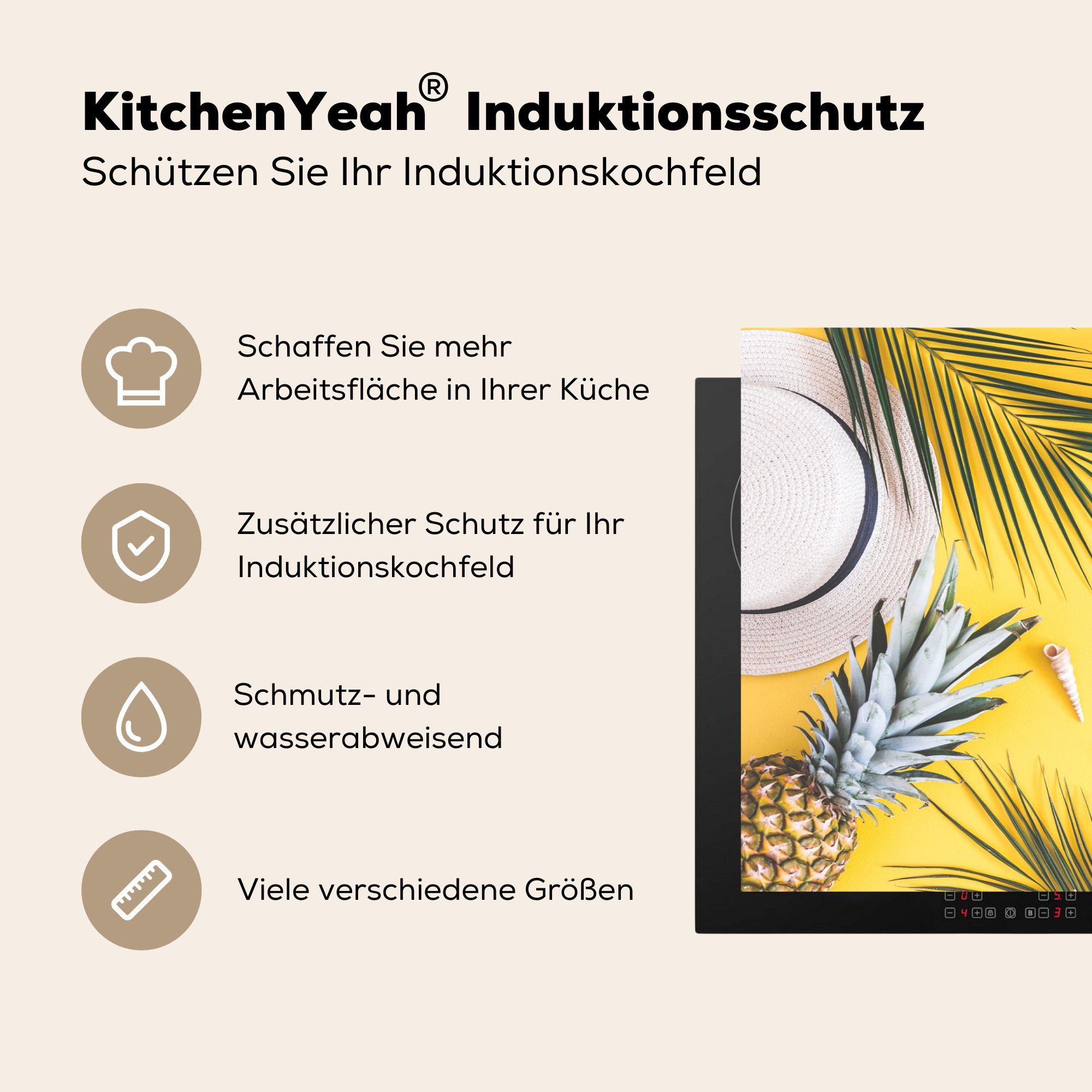 MuchoWow 81x52 Sommer küche, für - Herdblende-/Abdeckplatte die Vinyl, Strand tlg), Schutz - Laub, (1 Ceranfeldabdeckung cm, Induktionskochfeld
