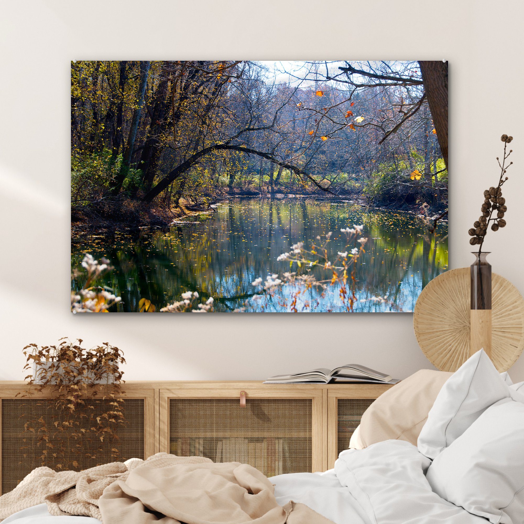 MuchoWow Acrylglasbild Fluss & Wohnzimmer Wald, St), Schlafzimmer Acrylglasbilder im (1