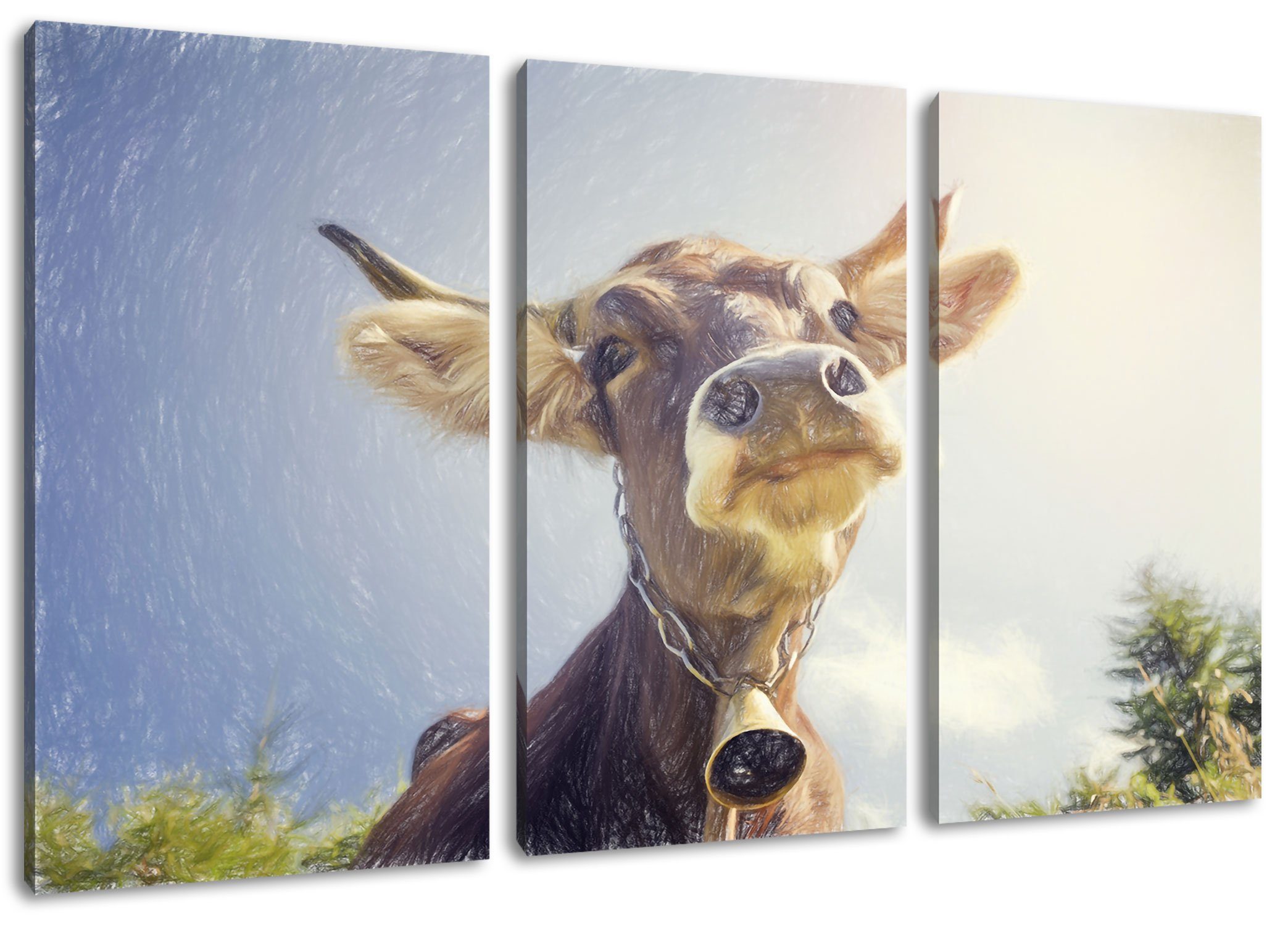 fertig einer Lustiges Portrait Kuh, Leinwandbild (1 inkl. Pixxprint St), Kuh bespannt, Portrait Leinwandbild Lustiges Zackenaufhänger 3Teiler (120x80cm) einer
