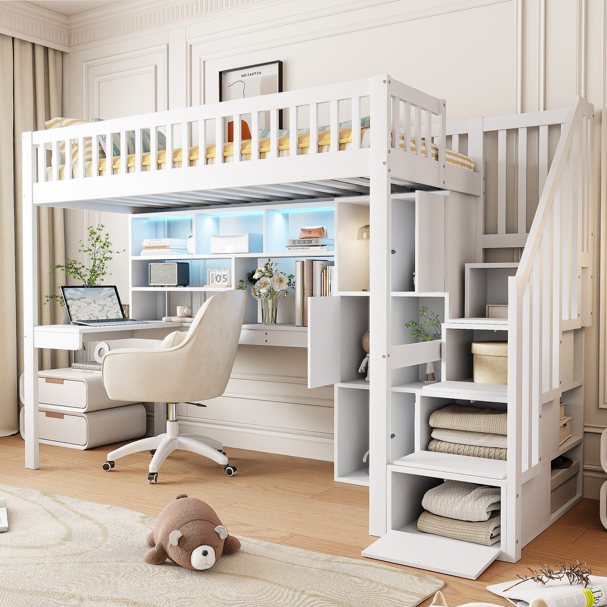 STILVORA Hochbett 90×200 erwachsene mit treppe,Bett mit Schreibtisch,ohne matratze (Hochbett 90x200 cm mit Schreibtisch, Fernbedienbarem Ambientelicht, Ablageleiter & Stauraum – Weißes Kiefernholz & MDF, Ideal für Kinderzimmer und Jugendzimmer, 90x200 cm) ohne Matratze