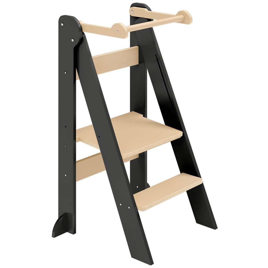 Bellabino Stehhilfe Tay 2-Fach höhenverstellbar & klappbar (Grau/Natur), Lernturm aus Birkenholz, Montessori Tritthocker