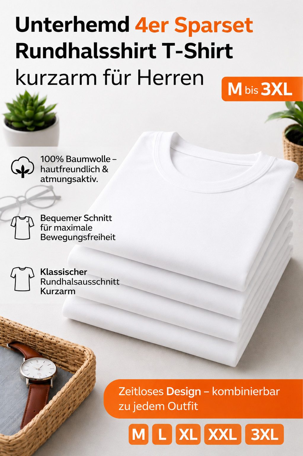 DDOnlineShop T-Shirt Herren unterhemd Basic O-Neck Rundhals –weiß Baumwoll Kurzarmshirts (Packung, 4-tlg., 4er-Pack) Premium Qualität-aus 100% Baumwolle – Bild 4 von 5