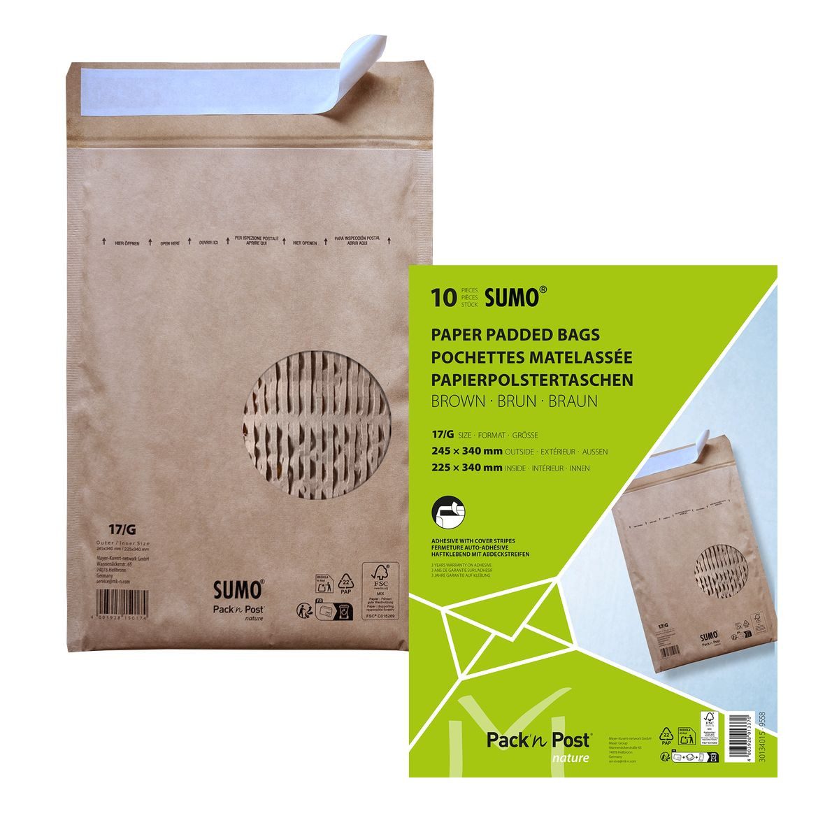Sumo Versandtasche Sumo Papierpolstertaschen G braun 225x340mm 10 Stück haftklebend
