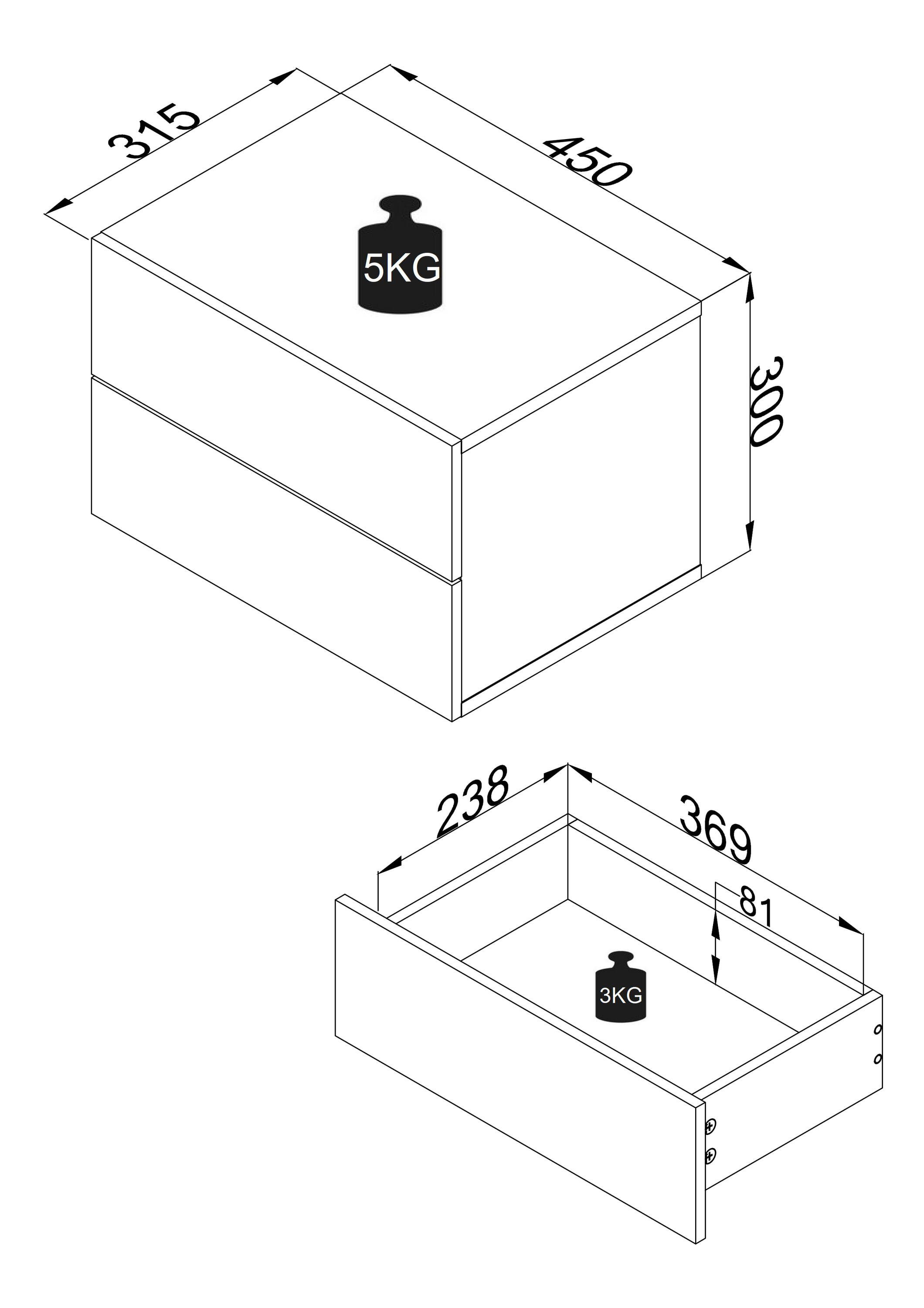 VCM Nachttisch Usal L mit 2 Schubladen B. 45 x T. 32 x H. 30 cm, Nachtkonsole, Stauraum im Schlafzimmer, Wandschublade – Bild 4 von 4