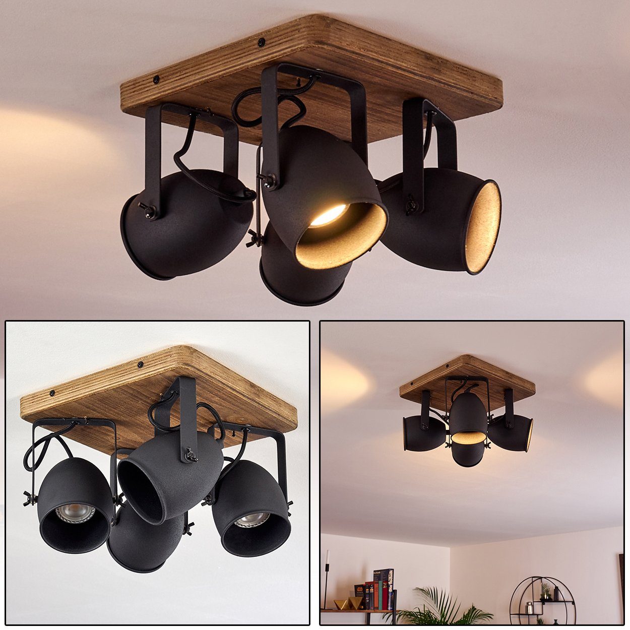 hofstein Deckenleuchte »Nona« Vintage Deckenlampe aus Metall/Holz in  Schwarz/Braun, ohne Leuchtmittel, Lampenschirme dreh-/schwenkbar