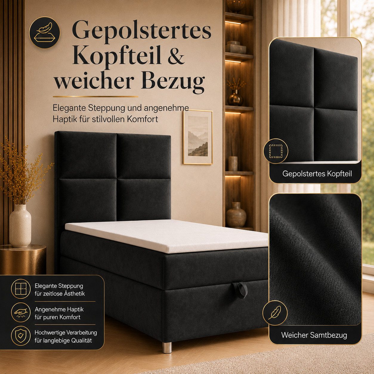 Best for Home Boxspringbett Trinity K-2 mit Bettkasten & Topper – Komfort & Stauraum (Einzelbett, Hotelbett, Polsterbett gepolstertes Kopfteil, Jugendbett, Kinderbett versch. Größen, 1-St., 70x200 80x200 90x200 100x200 cm), Einzel-Boxspringbett mit integriertem Stauraum, gepolstertem Kopfteil