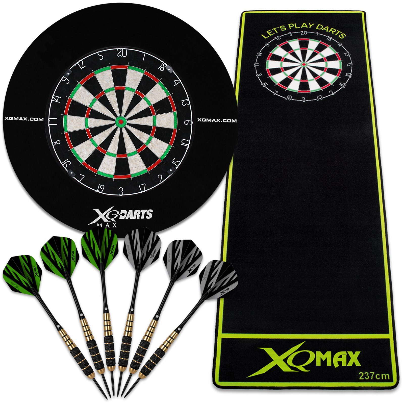 Dart Dartmatte), Zubehör, Dartpfeile und Dartscheibe Schwarz Dartboard Scheibe Komplettset Dartteppich inkl. mit 6 weiteres Surroundring XQMAX (Dartset, Steeldarts