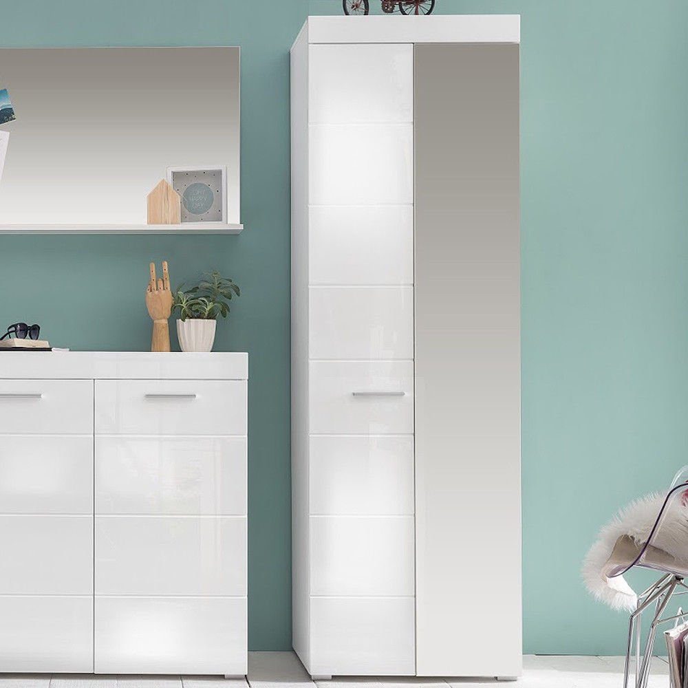 trendteam Garderobenschrank Amandagarderobe Weiß Hochglanz Garderobe Kleiderstange Kleiderhaken Flurgarderobe 62 x 195 x 38 cm