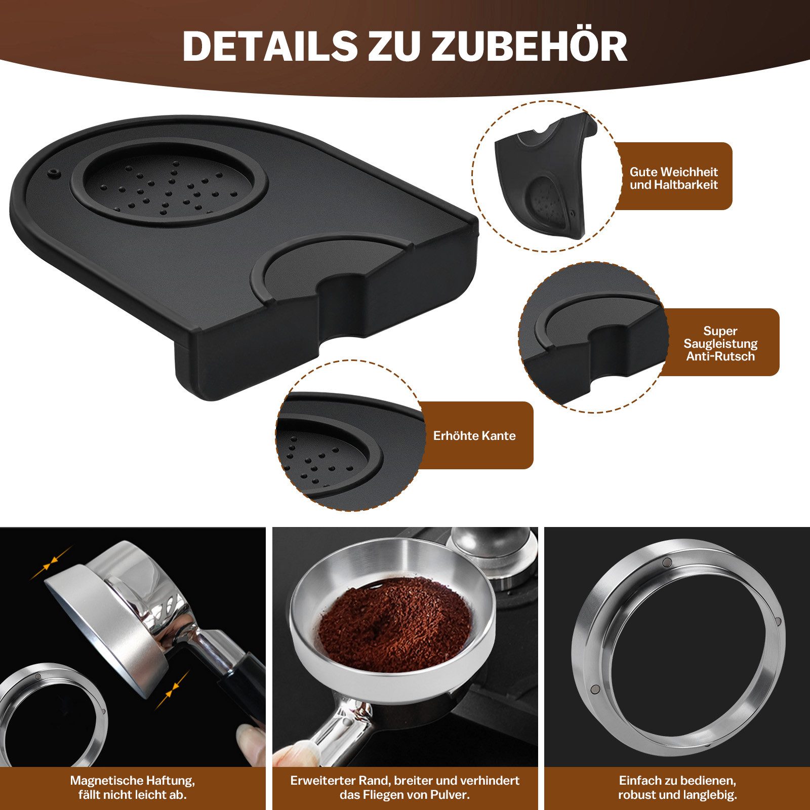 XERSEK Tamper 58mm Edelstahl Kaffeetamper Set mit Tampermatte für Espresso Barista, inkl. Verteiler, Kaffeepulverring, Tamping Matte & Nadel – Bild 4 von 5