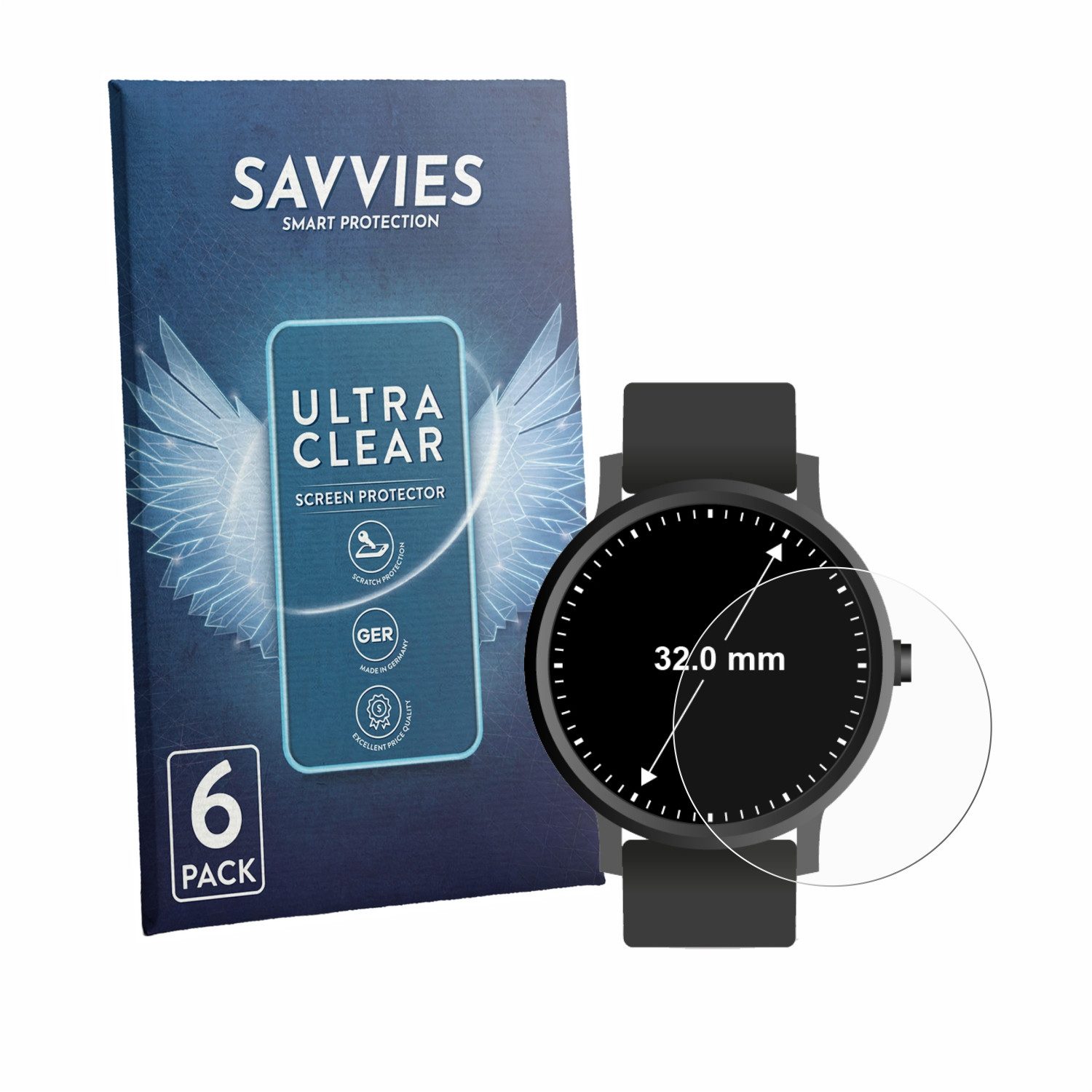 Savvies Displayschutzfolie Schutzfolie für Armbanduhren (Kreisrund, ø: 32 mm), 6 Stück, Displayschutz Schutz Folie Klar Transparent