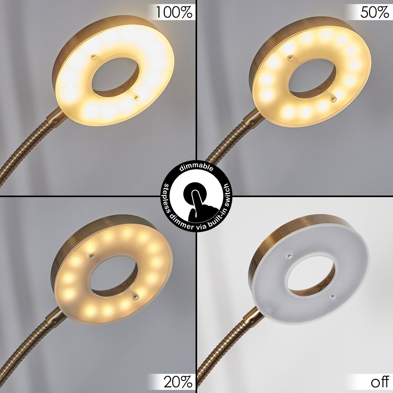 hofstein Stehlampe »Vitorchiano« aus Metall/Glas in Altmessing/Weiß, 3000 Kelvin, Stehlampe m. Dimmer u. An-/Ausschalter, 24 Watt/5 Watt, 2320 Lumen