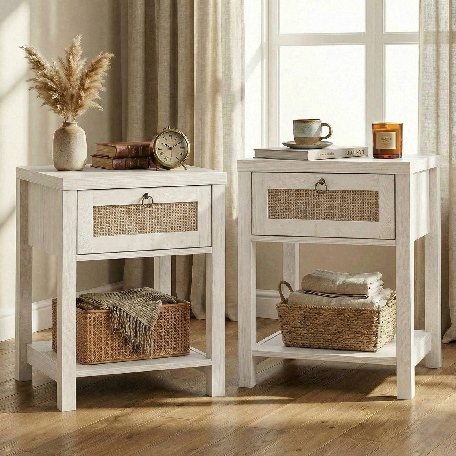 VOWNER Nachttisch Set 2er, Landhausstil Beistelltisch mit Schublade und Ablage (2-St), Böhmischer Sideboard für Schlafzimmer, Wohnzimmer