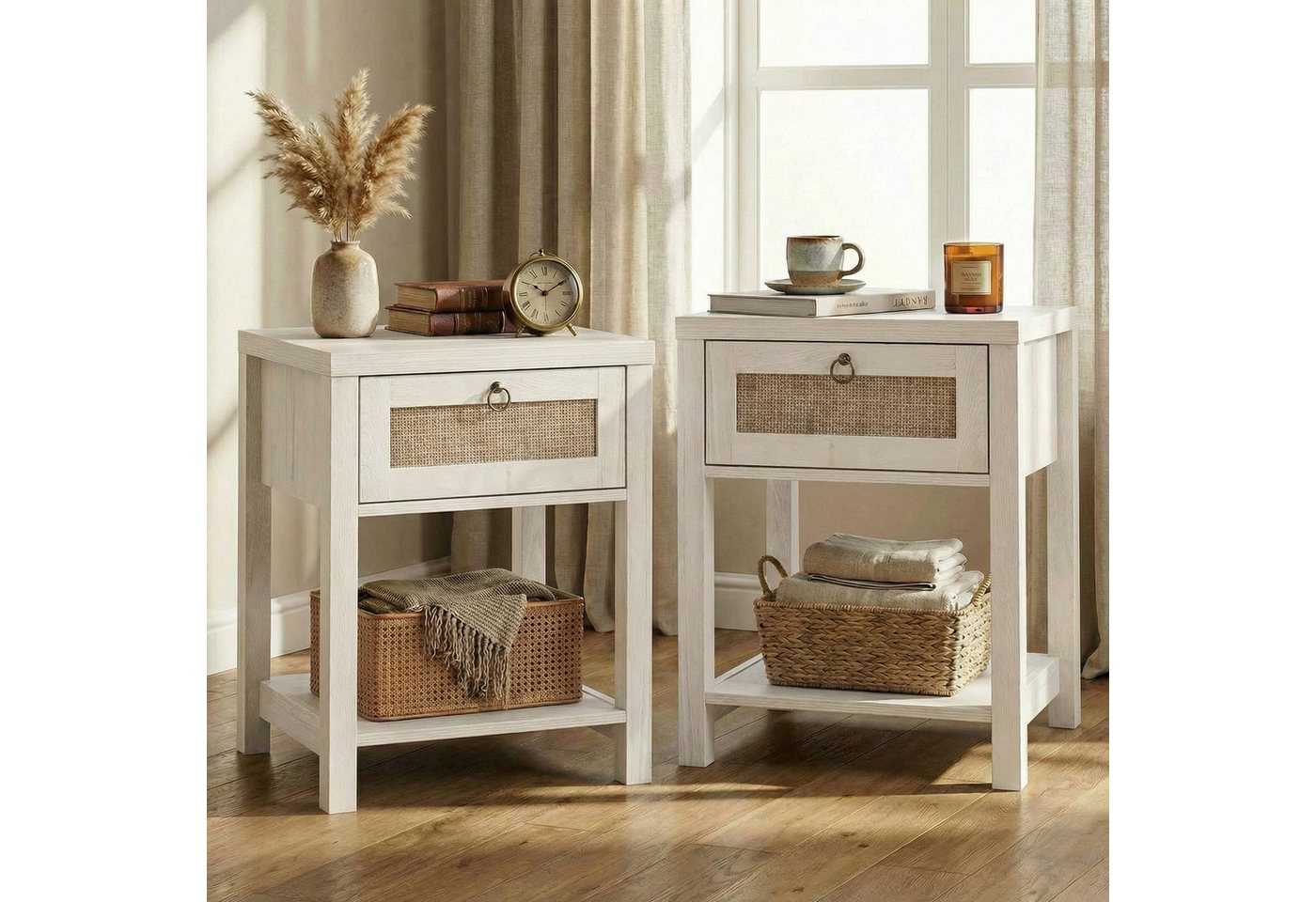 VOWNER Nachttisch Set 2er, Landhausstil Beistelltisch mit Schublade und Ablage (2-St), Böhmischer Sideboard für Schlafzimmer, Wohnzimmer