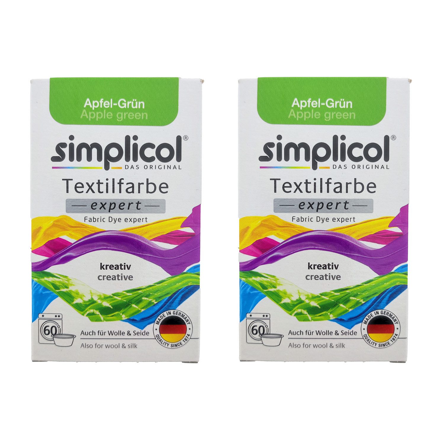 simplicol Textilfarbe 2er Pack Simplicol Textilfarbe Expert Apfel-Grün 150g, Farberneuerung Textilfärbemittel Farbauffrischung Farbmischung Batik