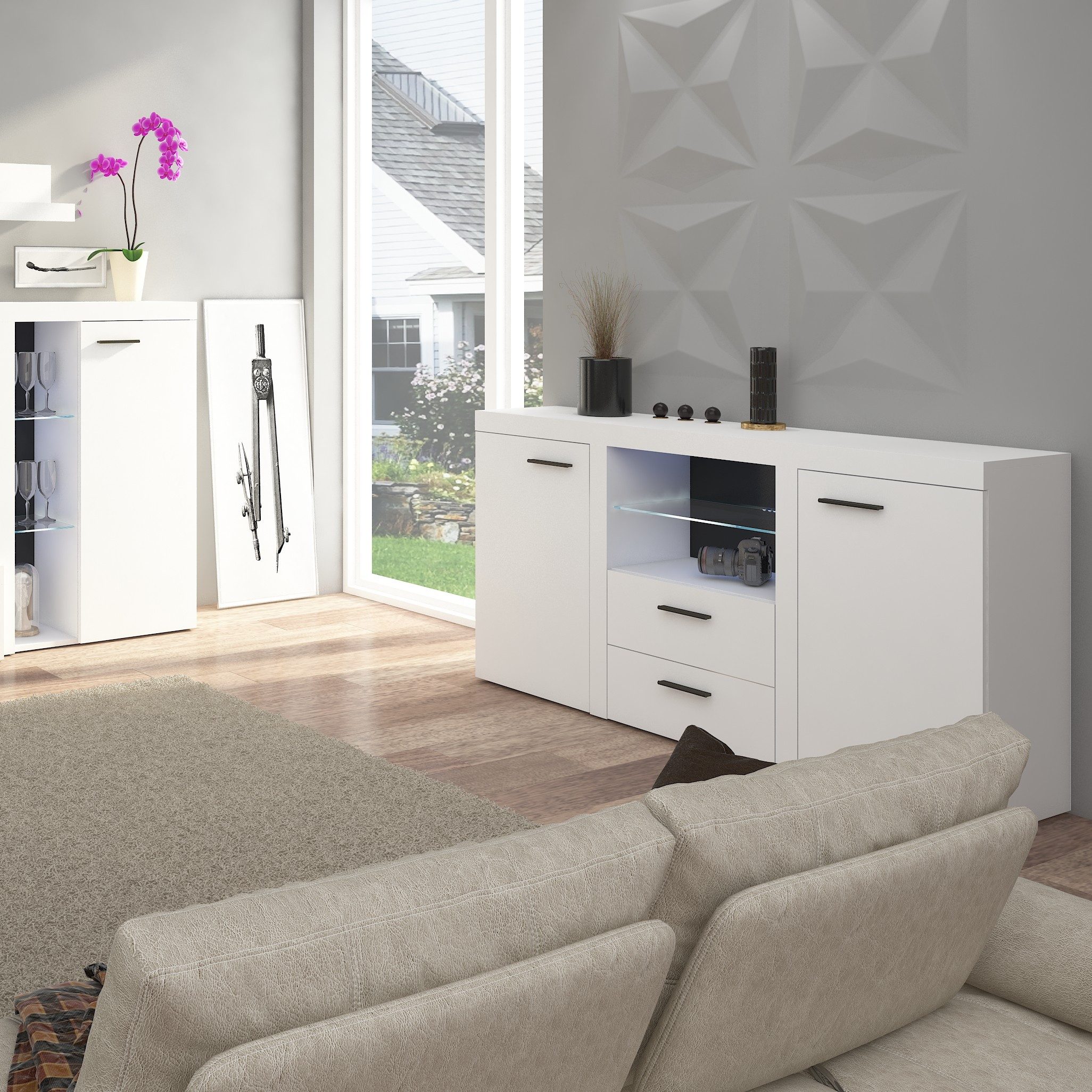 Masseno Kommode RITMO 156 cm Sideboard mit 2 Schubladen und 2 Türen Weiß