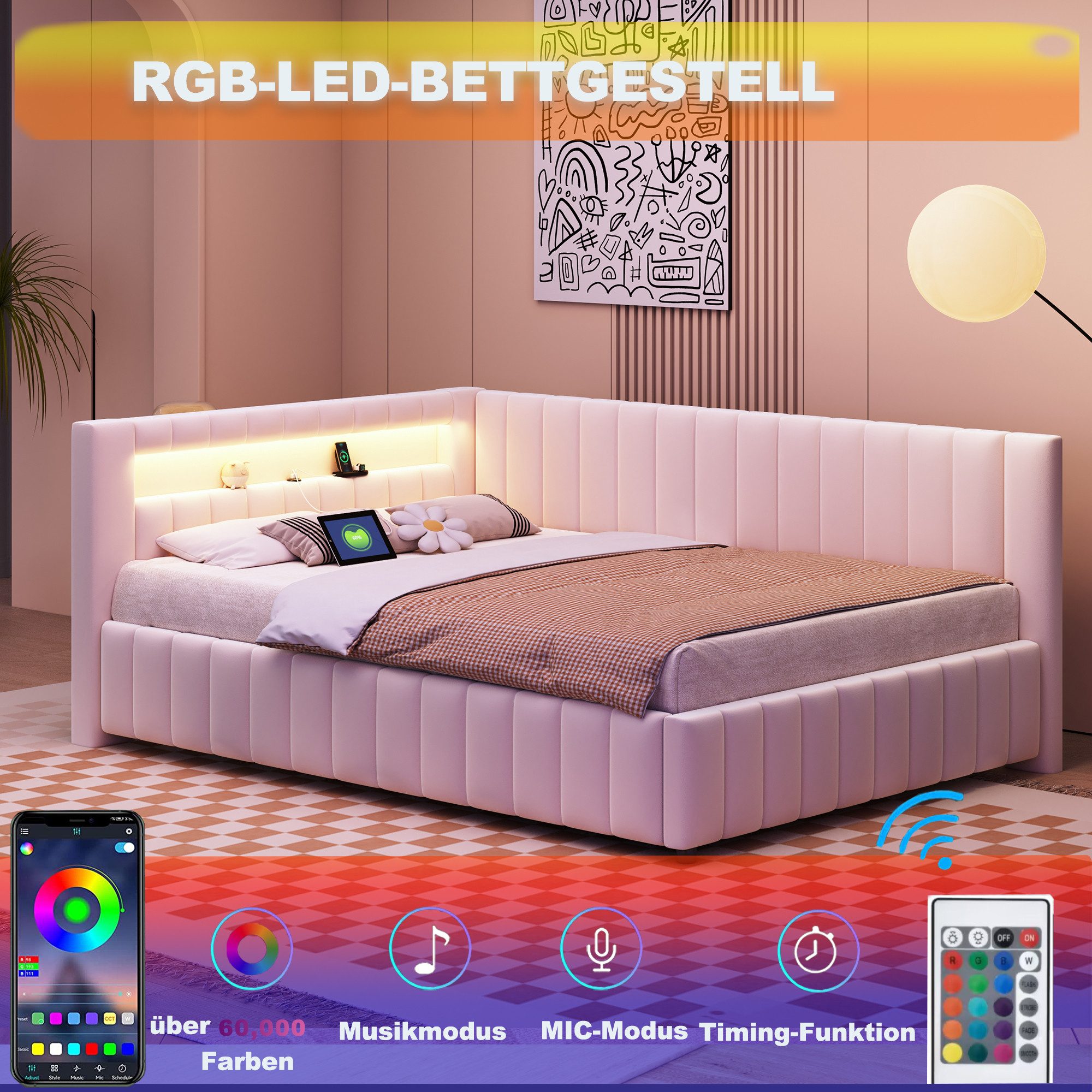 OKWISH Polsterbett Polsterbett Doppelbett Daybett Tagesbett 140x200 cm (mit LED-Licht, USB-Anschluss, Rückenlehne und stabilem Rahmen, für Schlafzimmer & Gästezimmer, 140x200 cm), Ohne Matratze