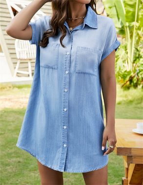 AFAZ New Trading UG Sommerkleid Jeanskleid Damen Sommer Kurzarm Button Down Kurz Denim Kleid Blusenkleid Hemdkleid Sommerkleid