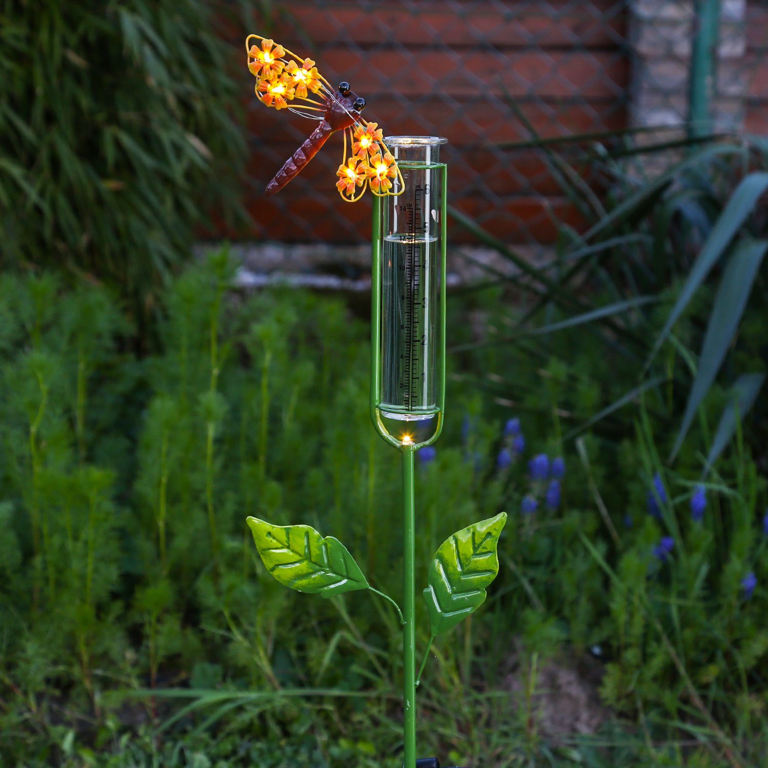 MARELIDA LED Solarleuchte LED Solar Regenmesser Libelle Gartenstecker Gartendeko 98cm, LED Classic, warmweiß (2100K bis 3000K)