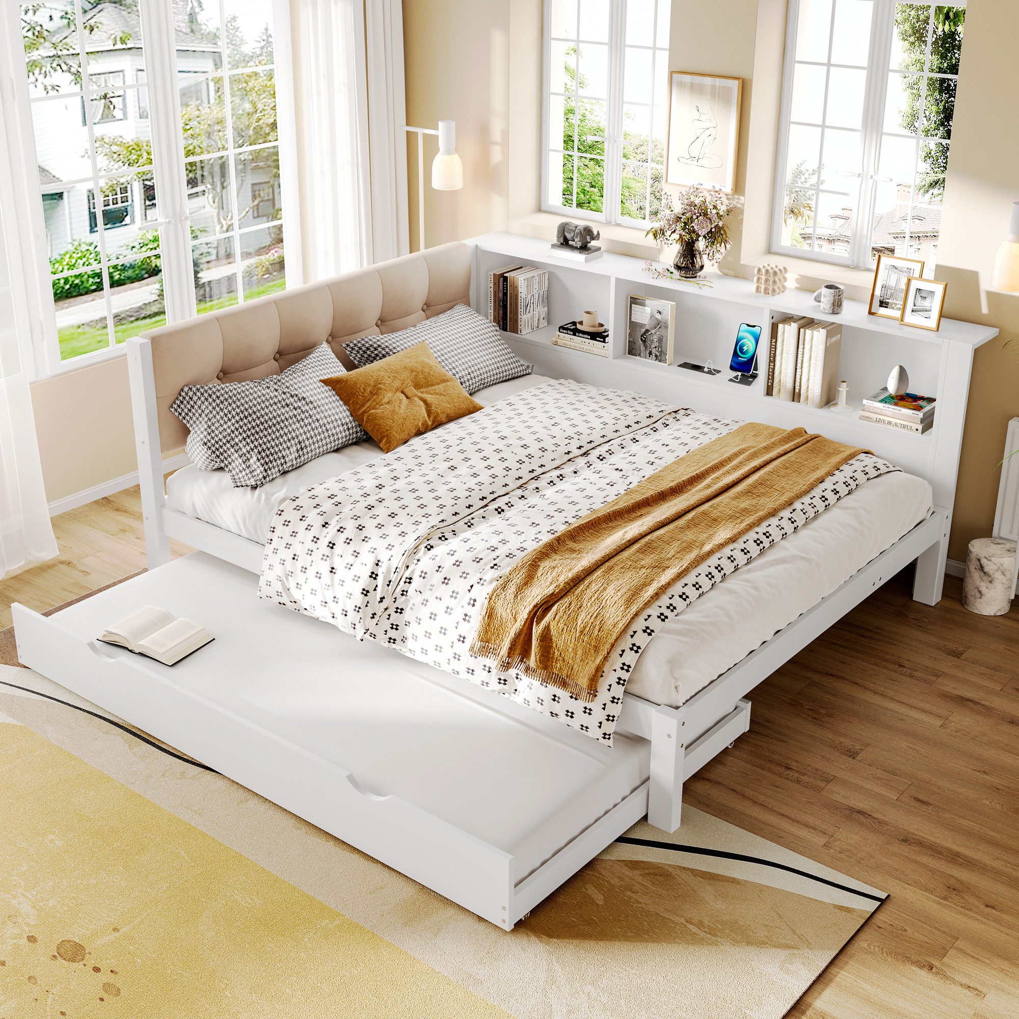 Flieks Daybett, Kinderbett 140x200cm mit Ausziehbett 90x190cm LED-Leiste USB-Aufladen