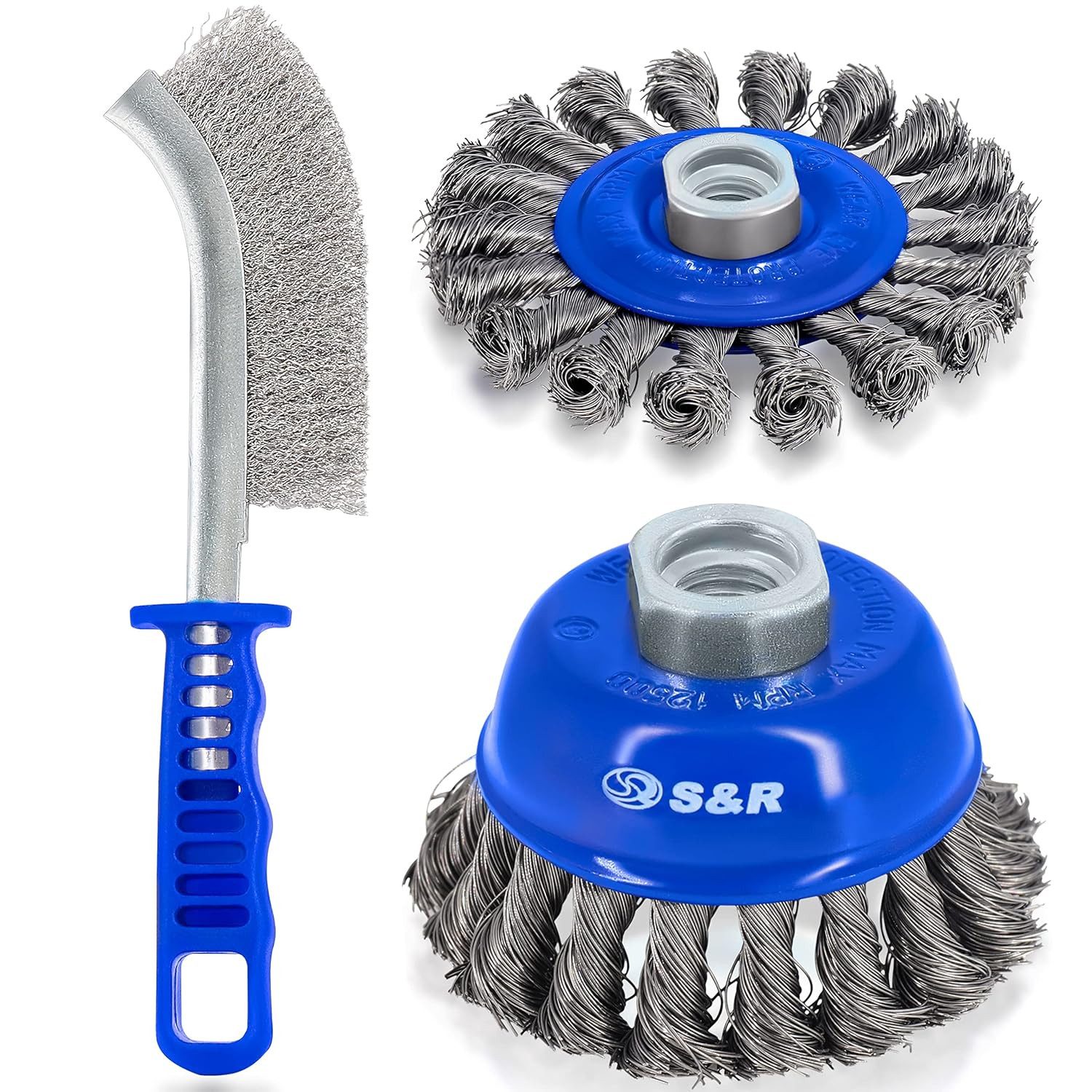 S&R Drahtbürste Set, 1 x Topfbürste 75mm, 1 x Rundbürste 100mmm,1 x. Kratzbürste 255mm, (Set, 3-tlg., Set 3-teilig mit Handbürste), mit gedrehten Stahlborsten, für Winkelschleifer mit M14 Aufnahme