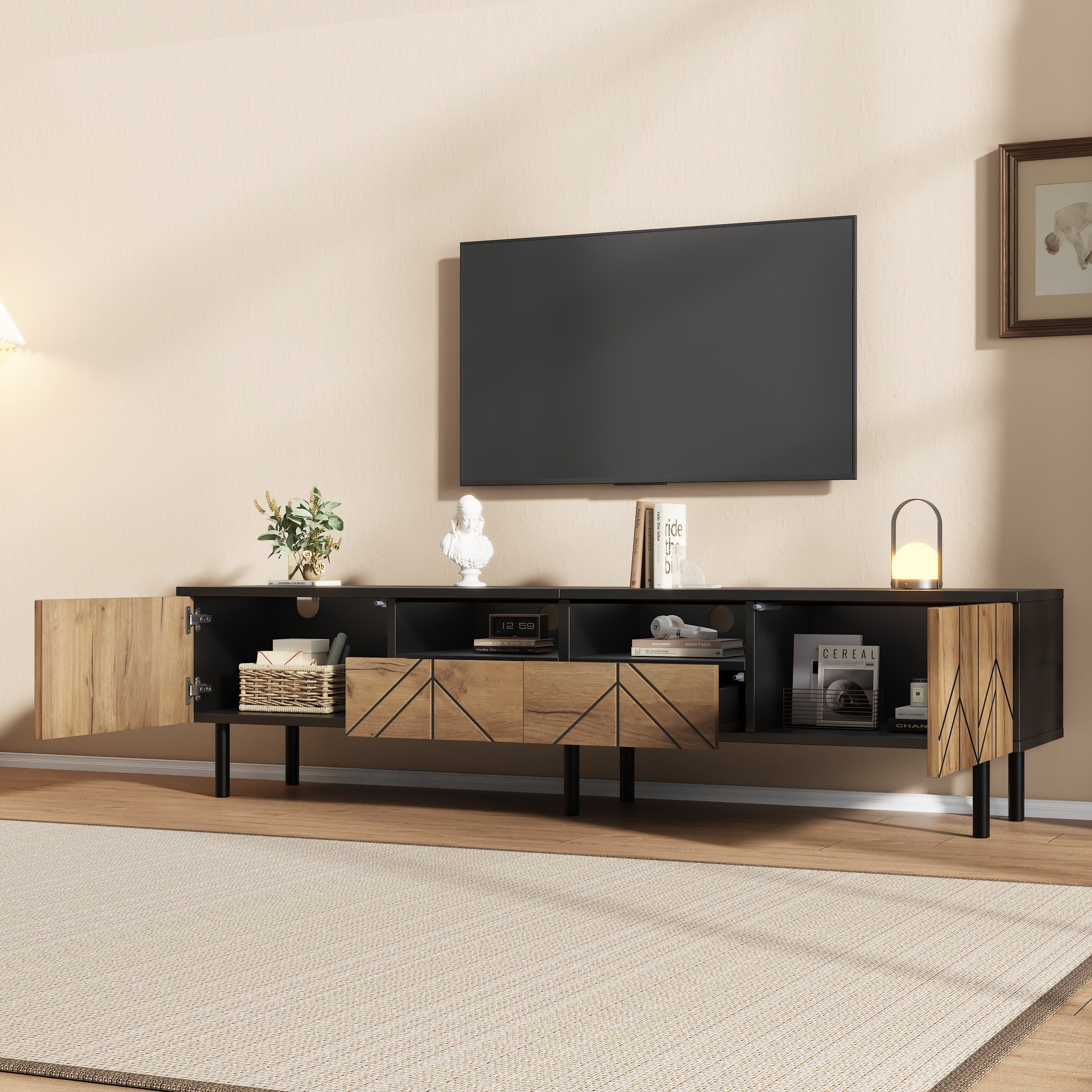 Odikalo TV-Schrank Lowboard Fernsehschrank mit Schubladen & Türen (180x40x45 cm Modernes Lowboard aus Spanplatte, Fernsehtisch für Wohnzimmer, bis 75kg belastbar, Schwarz-Holzoptik)
