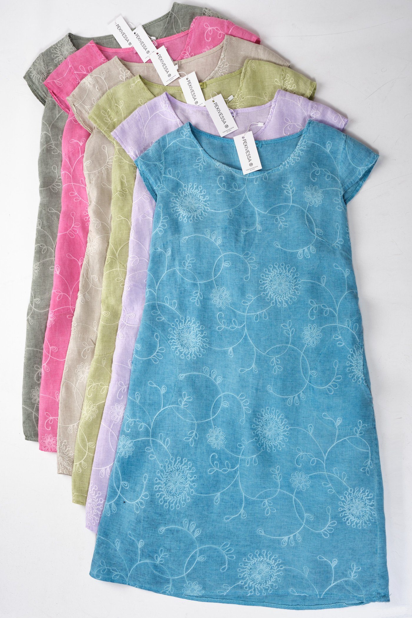 Leinenkleid mit Damen PEKIVESSA flieder (1-tlg) Sommerkleid kurzarm knielang Stickerei