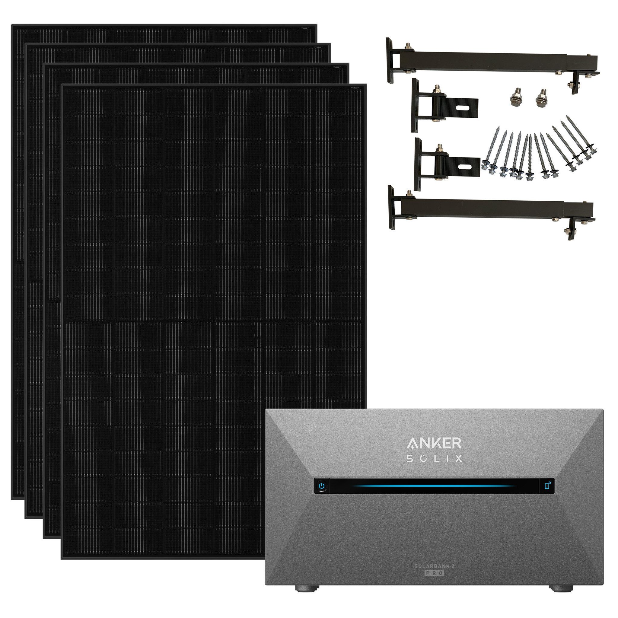 Anker Balkonkraftwerk Solix 1820W Photovoltaikanlage Komplettset mit Solarbank E1600 2 Pro, 1820 W, N typ Glas-Glas, Vollschwarz, (Set, 4-St., 4 Solarmodule+1 Anker Solix 2 Pro+0/1 Smarte Meter +0/1/2 BP1600), integriertem Wechselrichter, Wifi, Bluetooth, IP67 von Anker